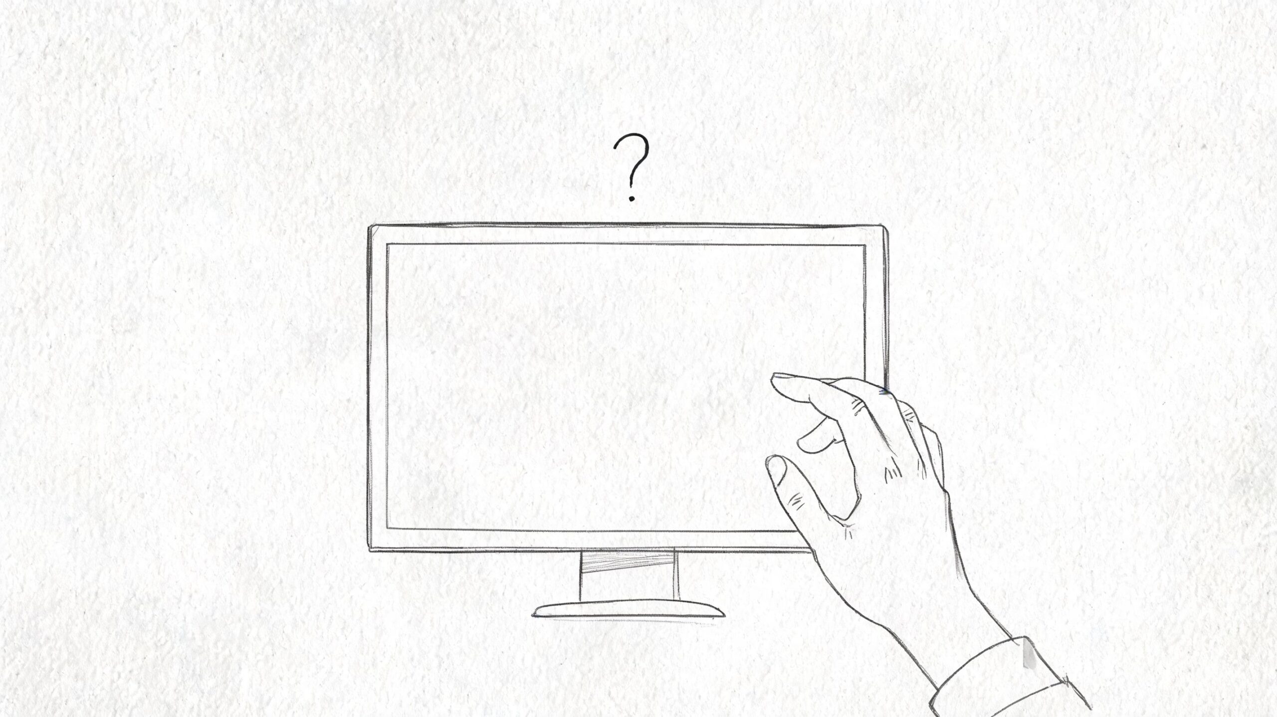 A pencil sketch of a hand interacting with a blank computer monitor screen with a question mark above.