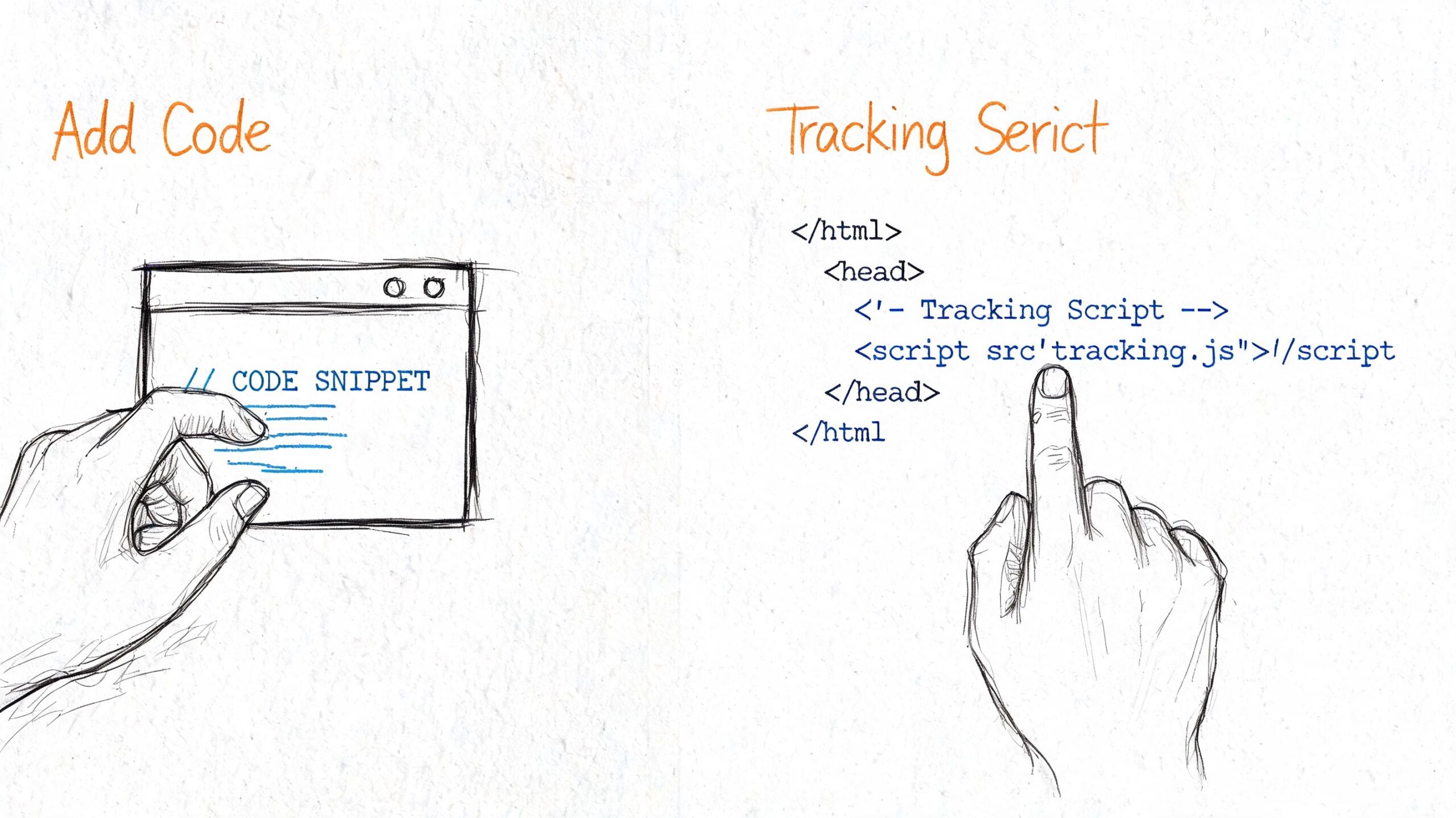 A hand illustration showing how to embed a tracking script code snippet into an HTML document structure.