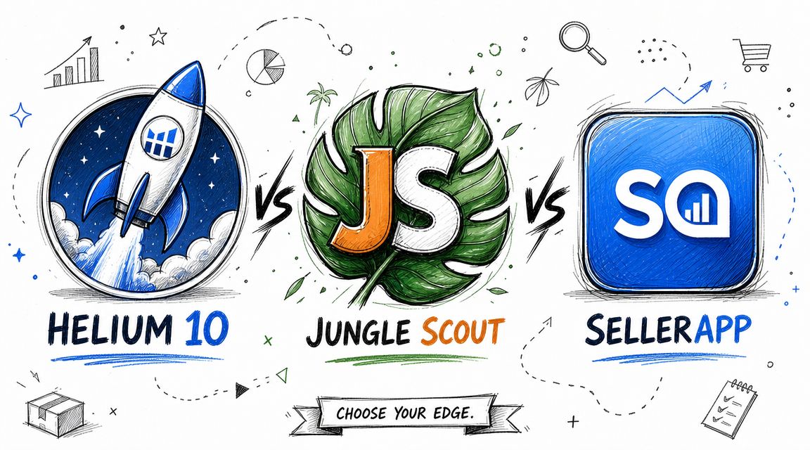 A comparison graphic showing logos for Helium 10, Jungle Scout, and SellerApp on a hand-drawn sketch background.