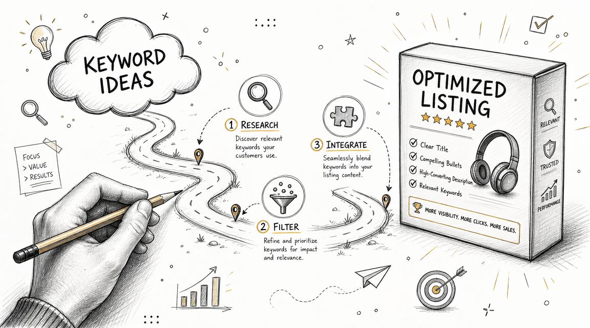A hand-drawn illustration showing the process of keyword research and optimization for Amazon product listings.