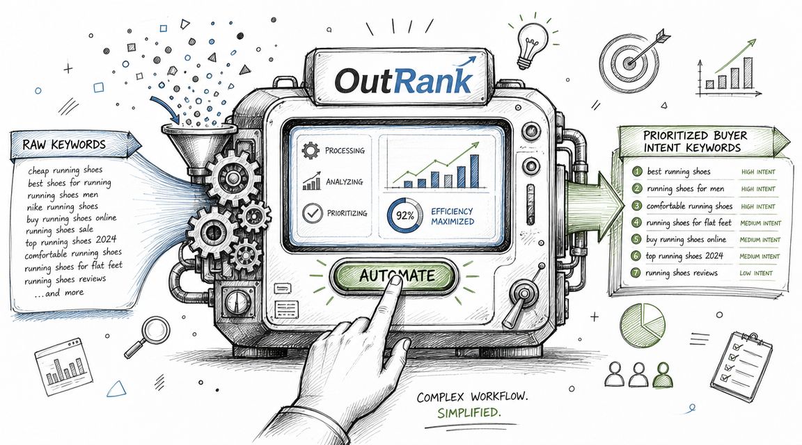 A conceptual illustration of the OutRank automated machine converting raw keyword data into prioritized buyer intent keywords.