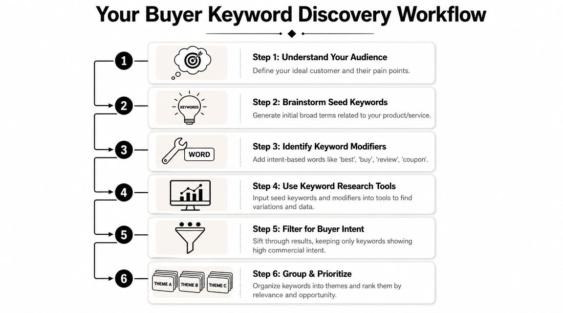 A six-step workflow infographic illustrating the process of discovering and prioritizing effective buyer intent keywords.