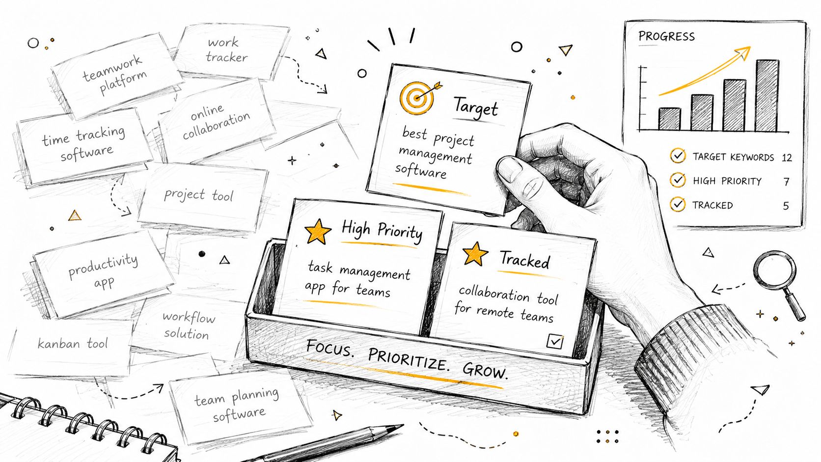 A hand organizing sticky notes related to project management software keyword strategy on a desk