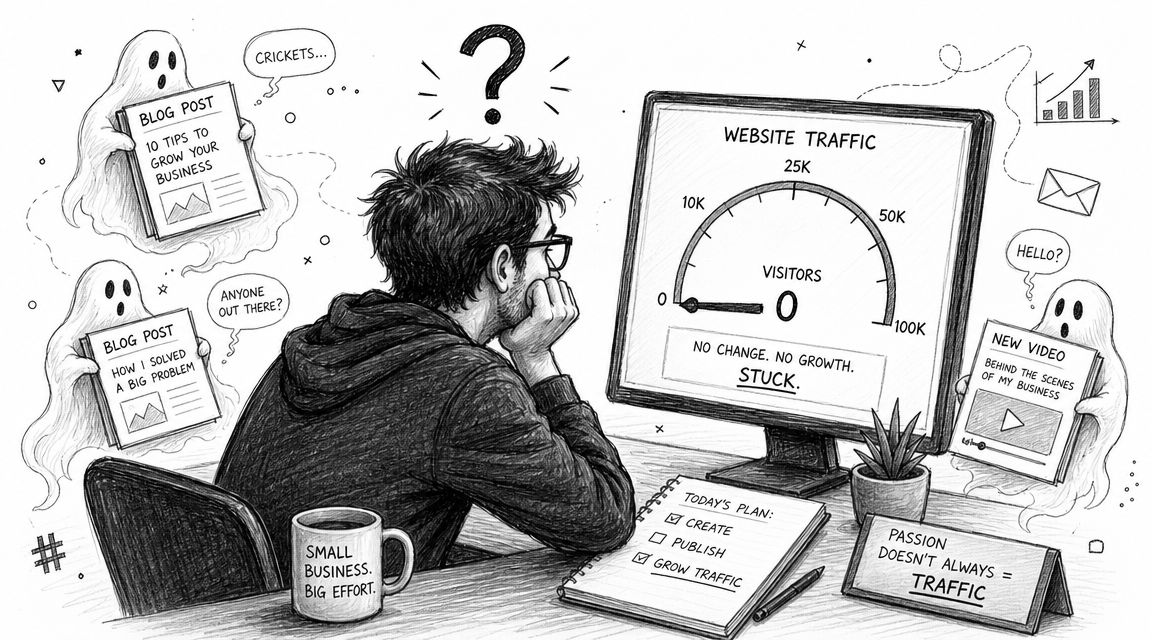 A frustrated content creator staring at a zero traffic dashboard while ghosts hold his unread blog posts.