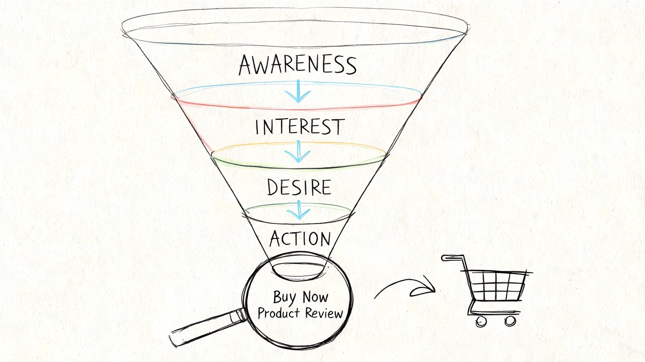 A hand-drawn marketing funnel showing the stages of awareness, interest, desire, and action for e-commerce.