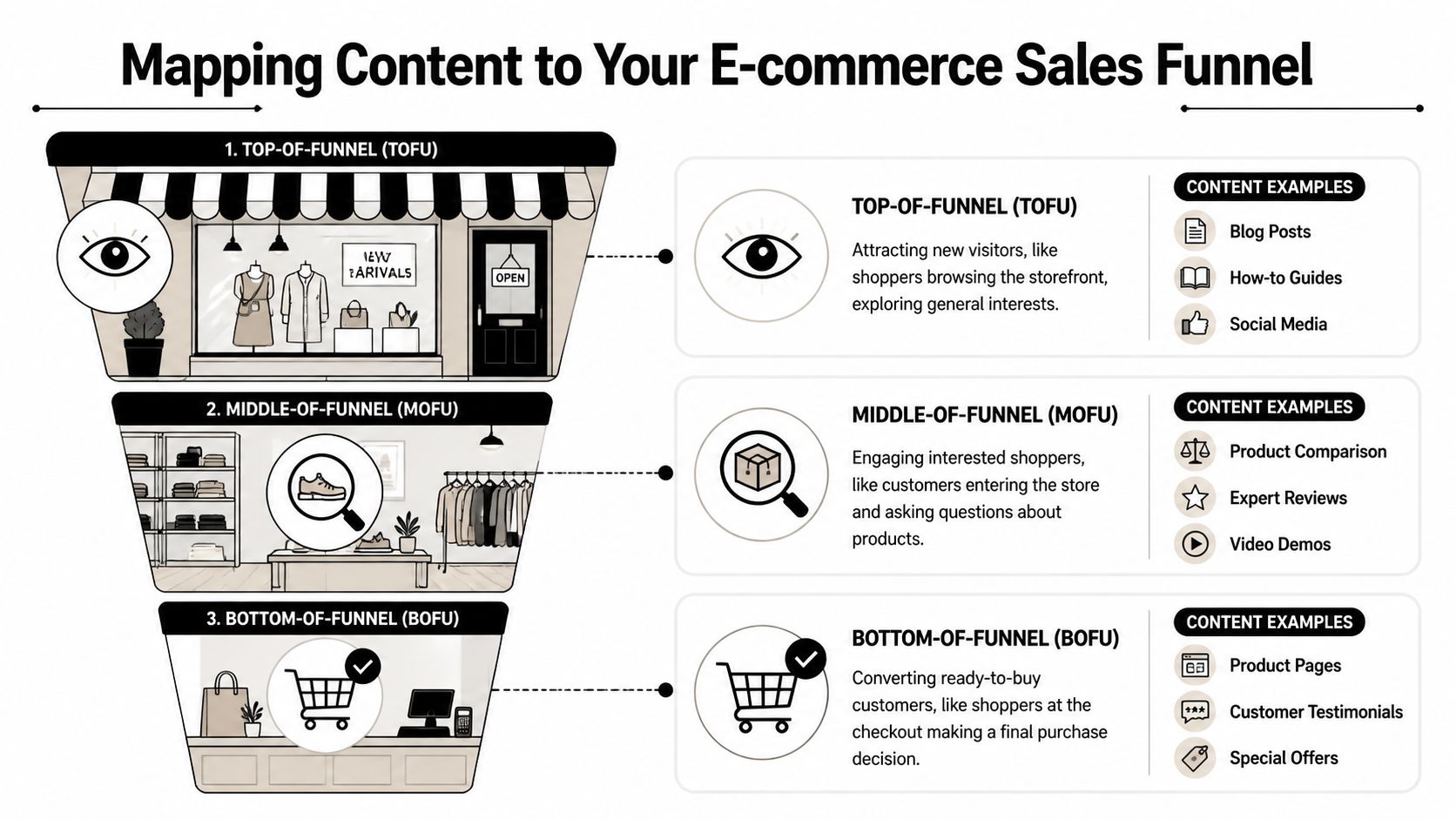 A diagram illustrating how content marketing strategies map to the different stages of an e-commerce sales funnel.