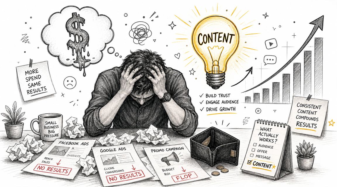 A stressed businessman surrounded by failed marketing campaigns, contrasting ineffective paid ads with the success of content marketing.