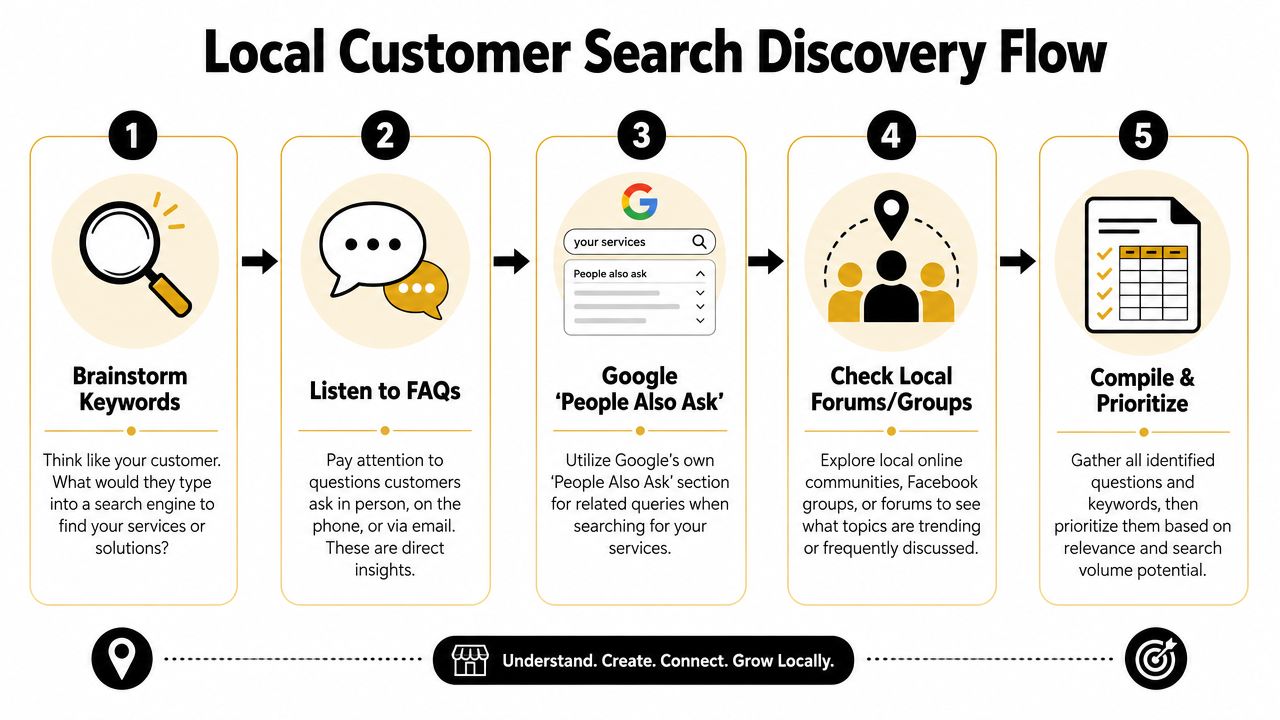 A five-step flowchart illustrating a local customer search discovery process for SEO and marketing purposes.