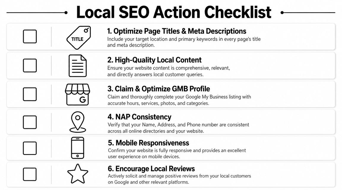 A checklist infographic titled Local SEO Action Checklist displaying six essential steps for local business search optimization.