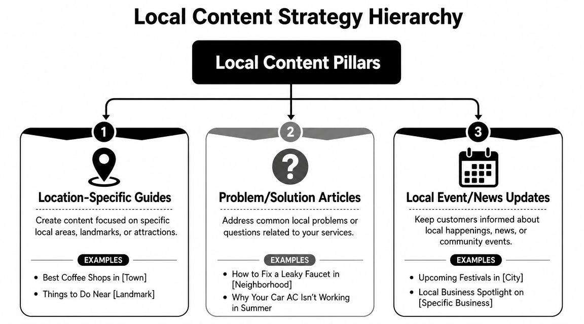 A diagram outlining the Local Content Strategy Hierarchy with three main content pillars for business growth.