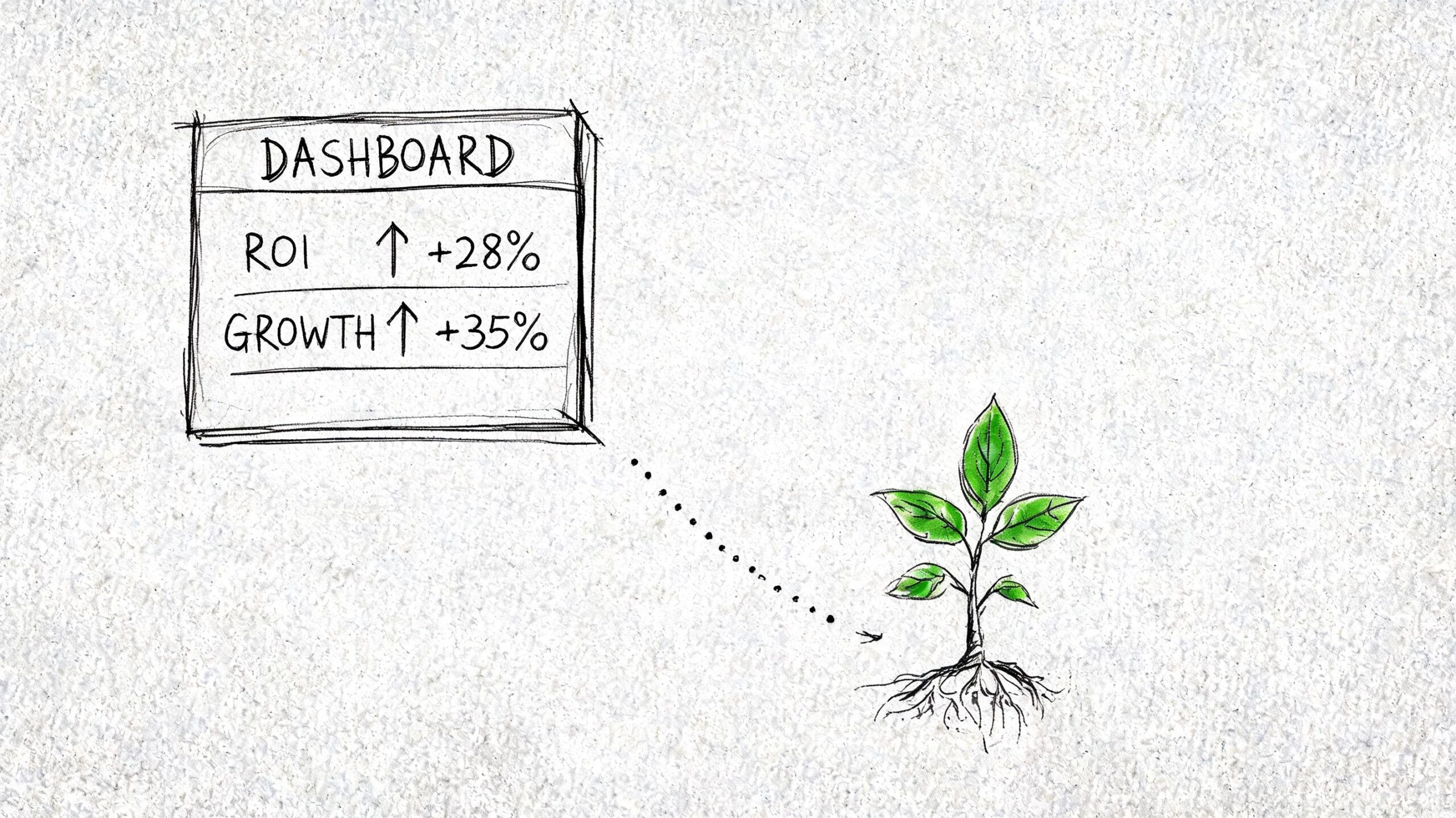 A hand-drawn illustration showing a dashboard with business growth metrics connected to a small green plant.