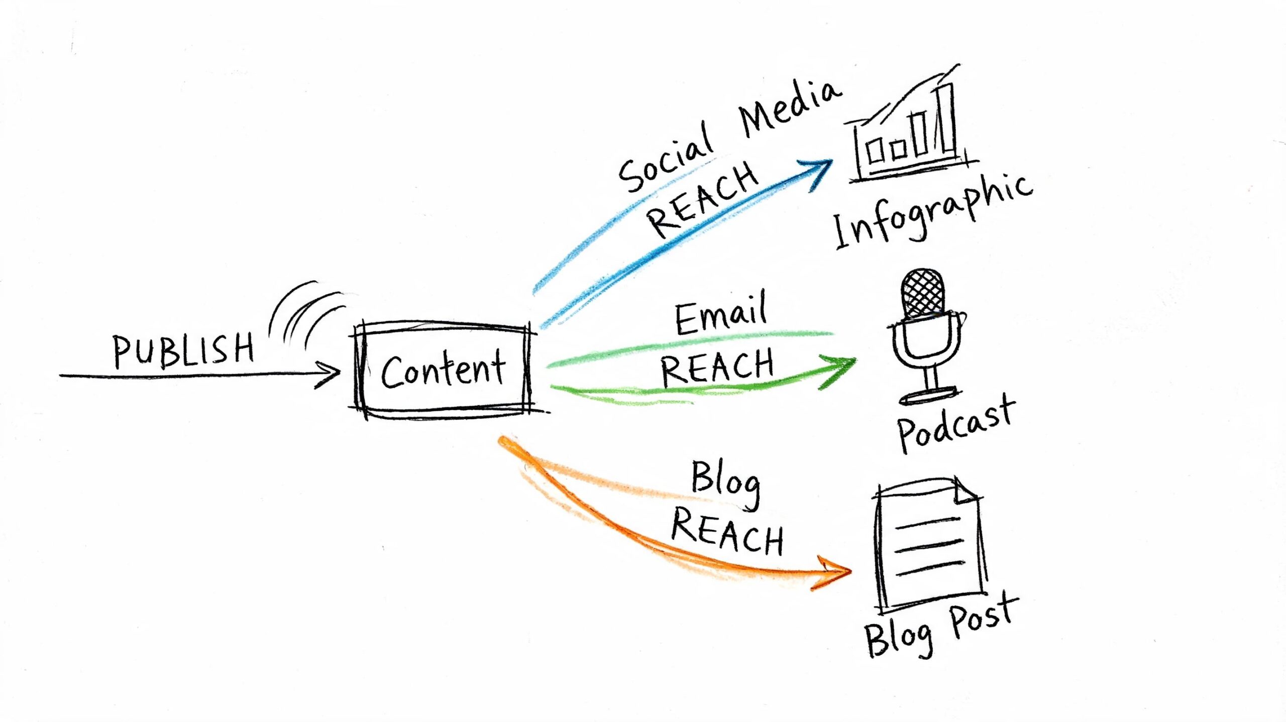 A diagram illustrating the distribution of content across social media, email, and blog platforms for outreach.