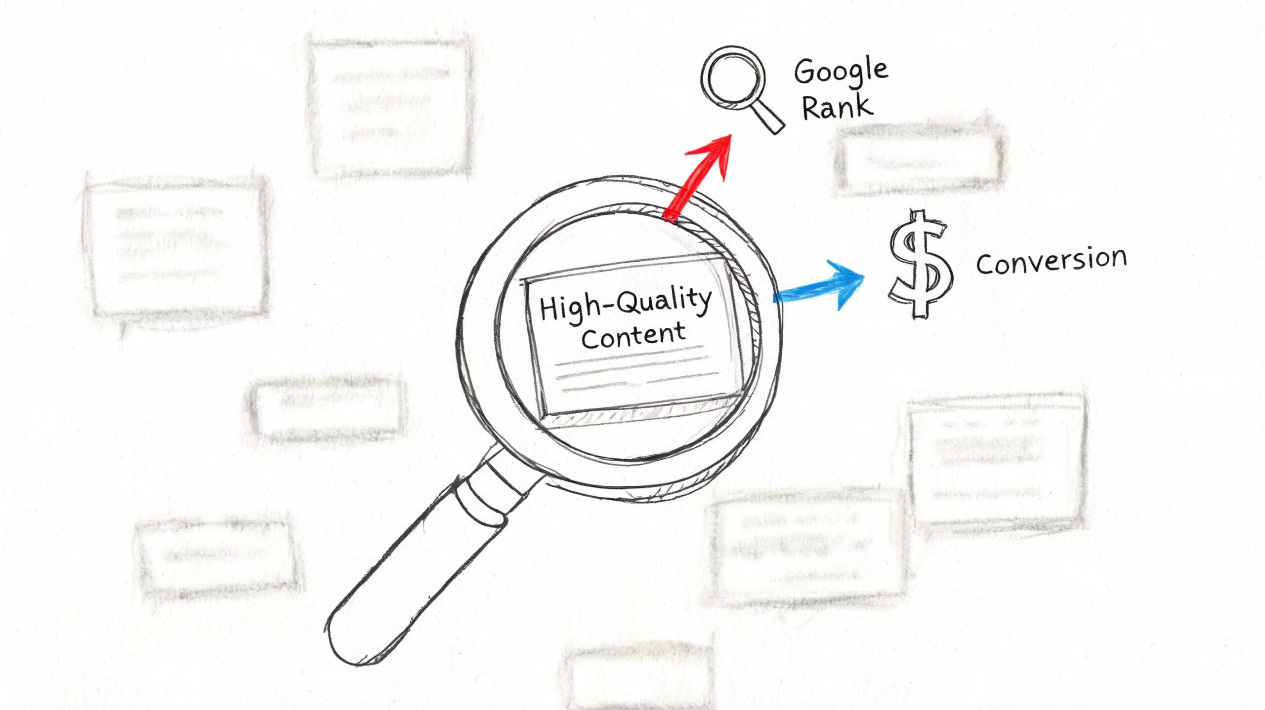 A magnifying glass focusing on high-quality content leading to improved Google rank and increased website conversion rates.