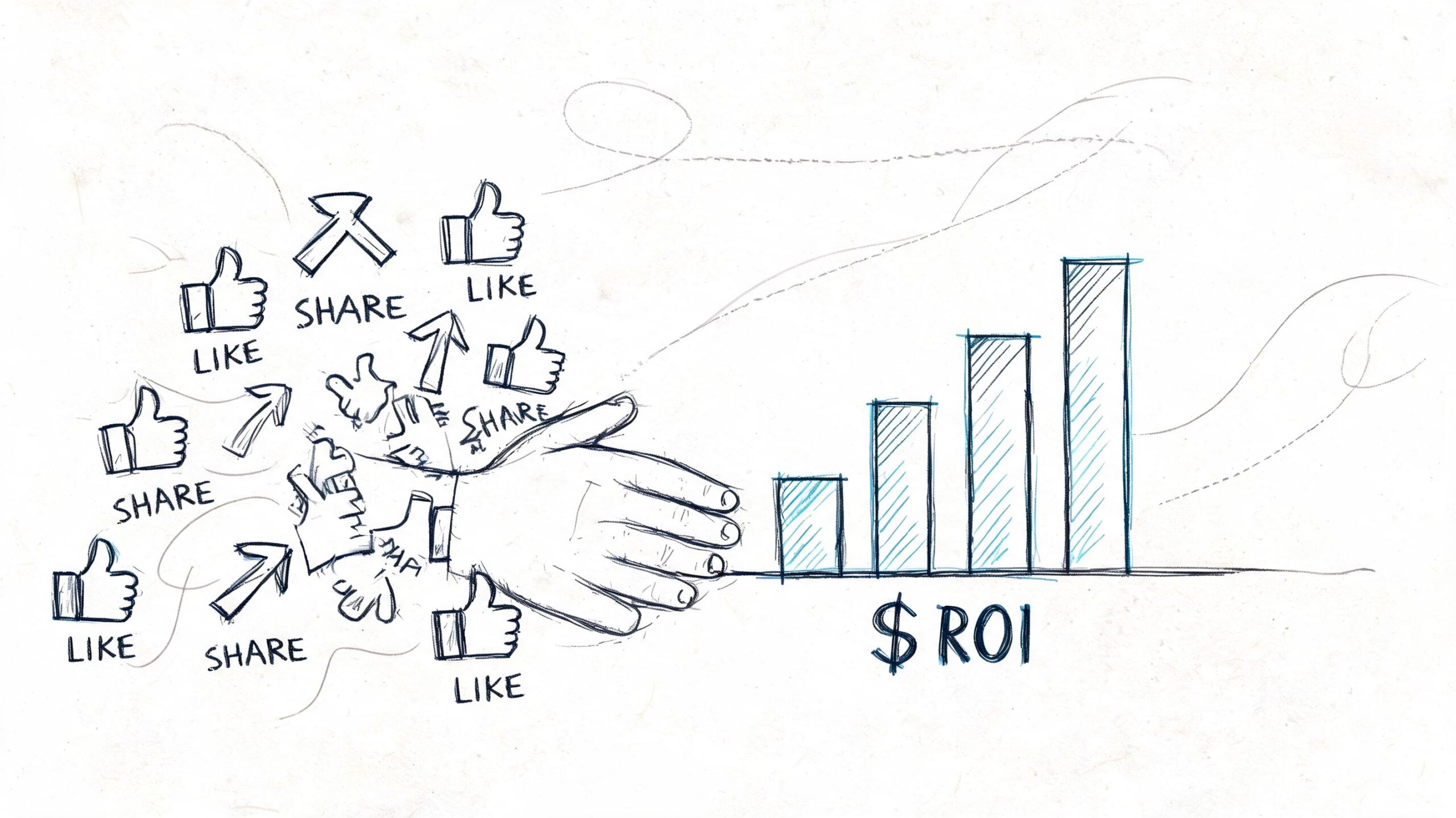 A hand-drawn illustration showing social media engagement icons transforming into an upward trending financial growth bar chart.