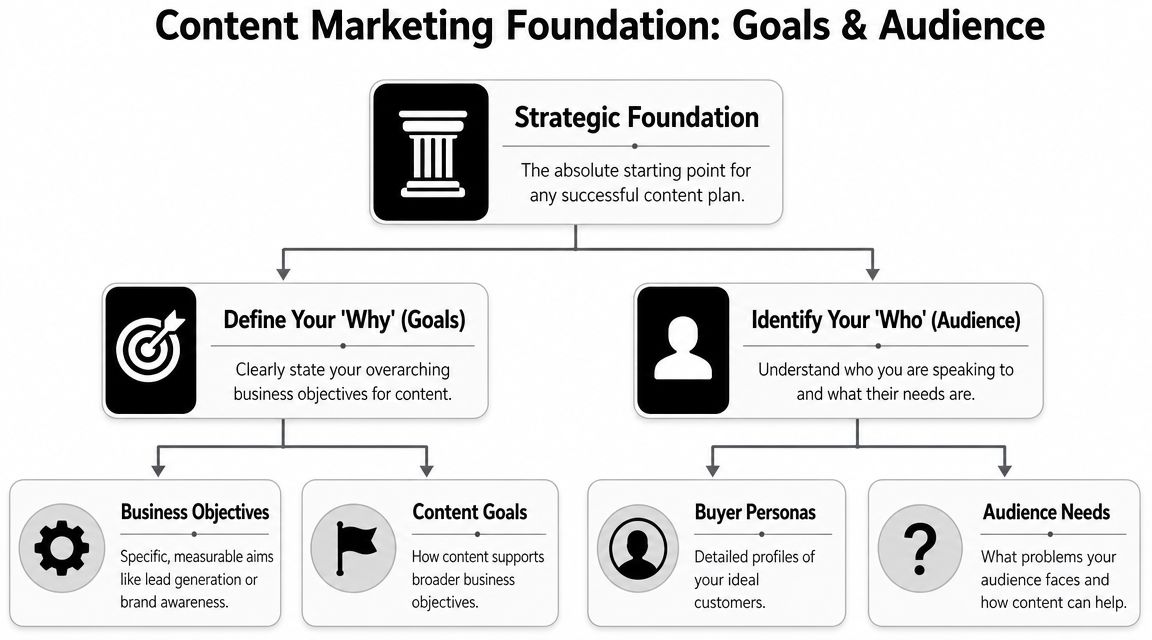 A diagram outlining the strategic foundation for a content marketing plan, including business goals and audience analysis.