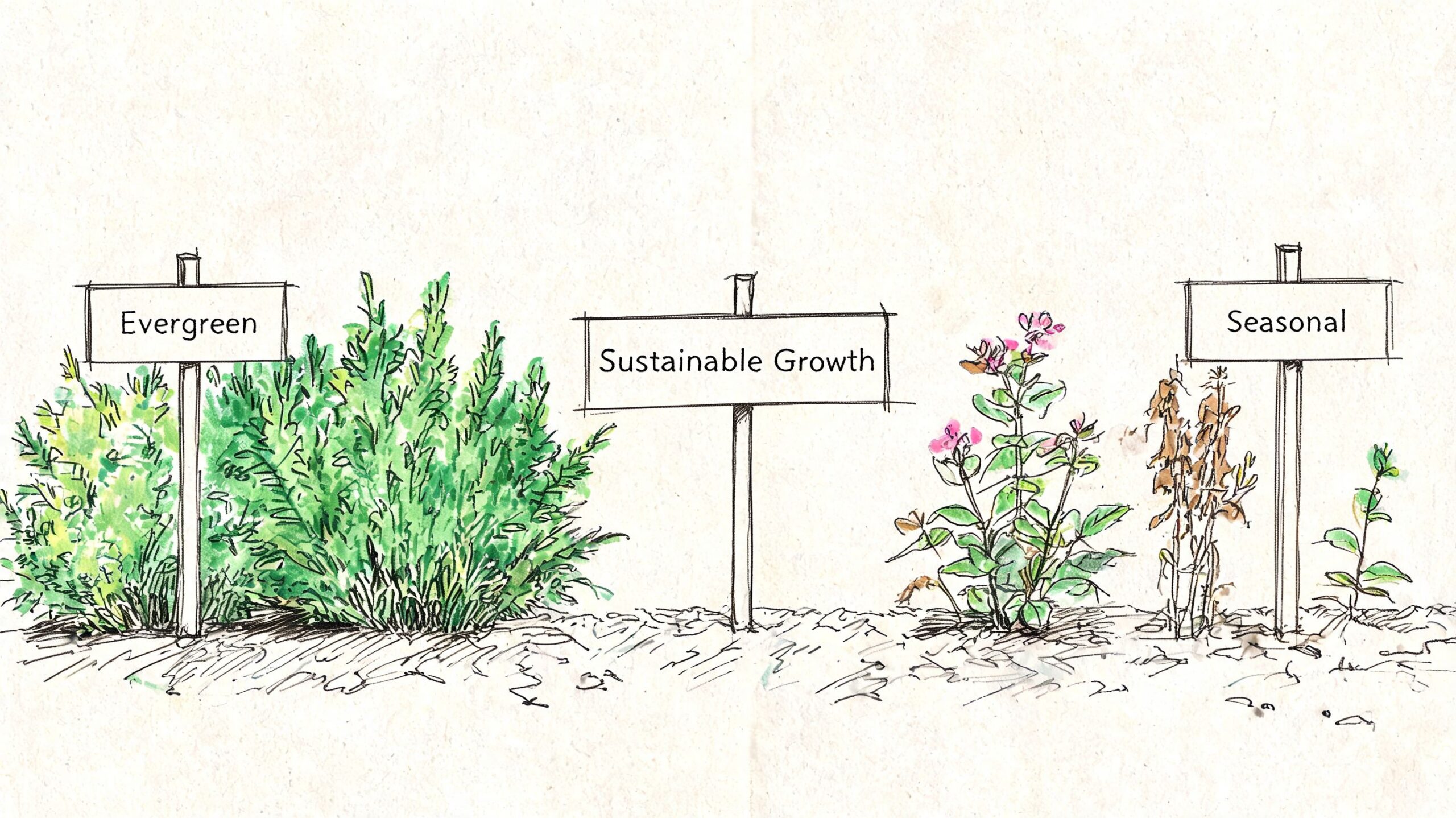 A hand-drawn illustration depicting plants labeled Evergreen, Sustainable Growth, and Seasonal to contrast growth strategies.