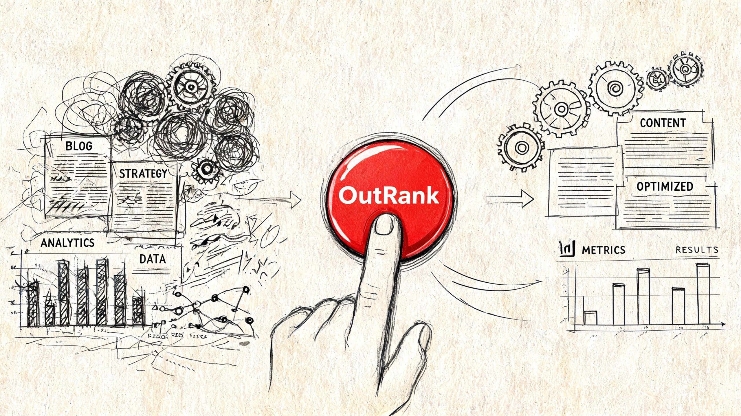 A hand presses a red OutRank button to transform complex SEO strategy and analytics into optimized content results.