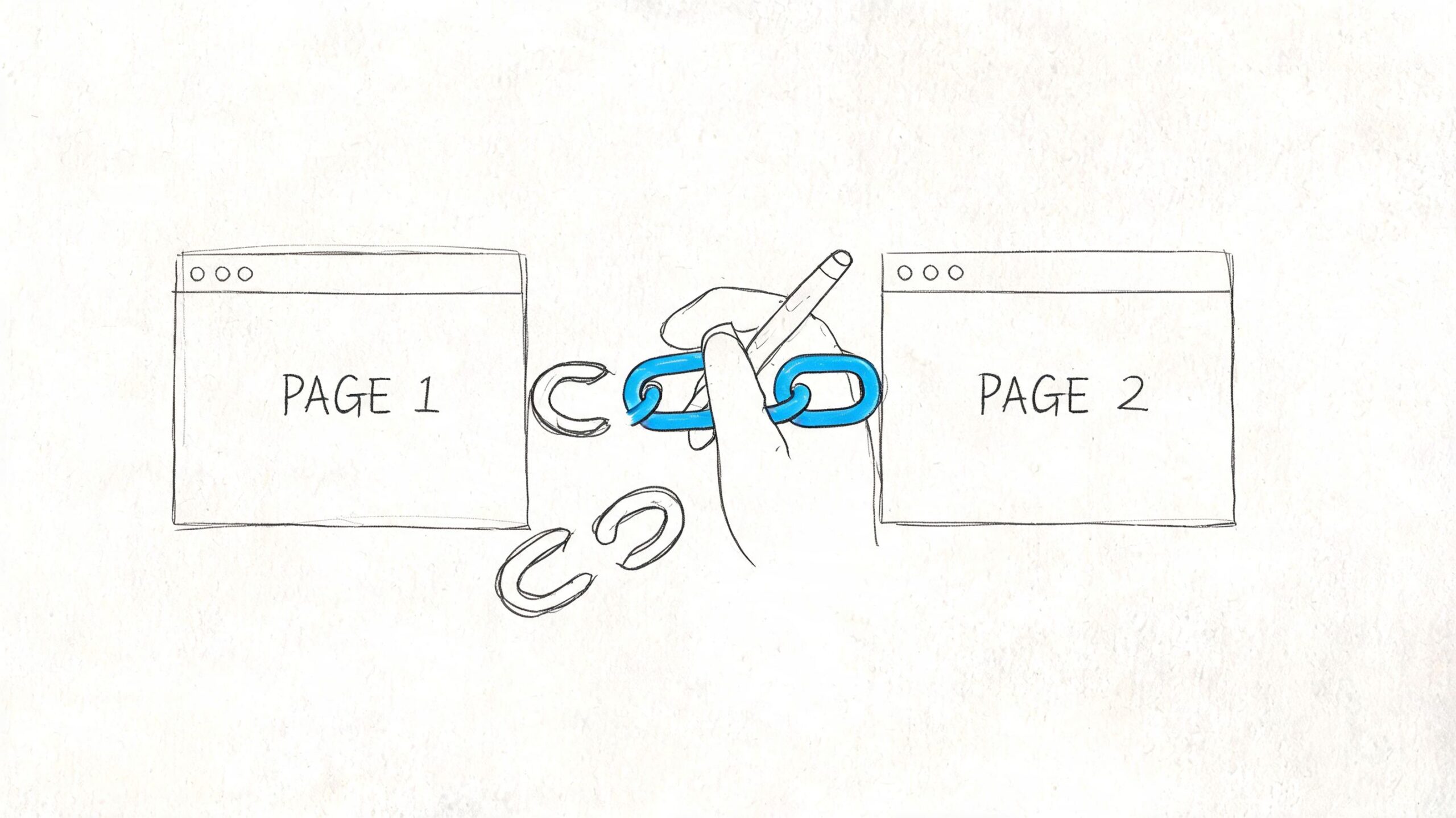 A hand connecting two web pages with a blue chain link to represent backlink building.