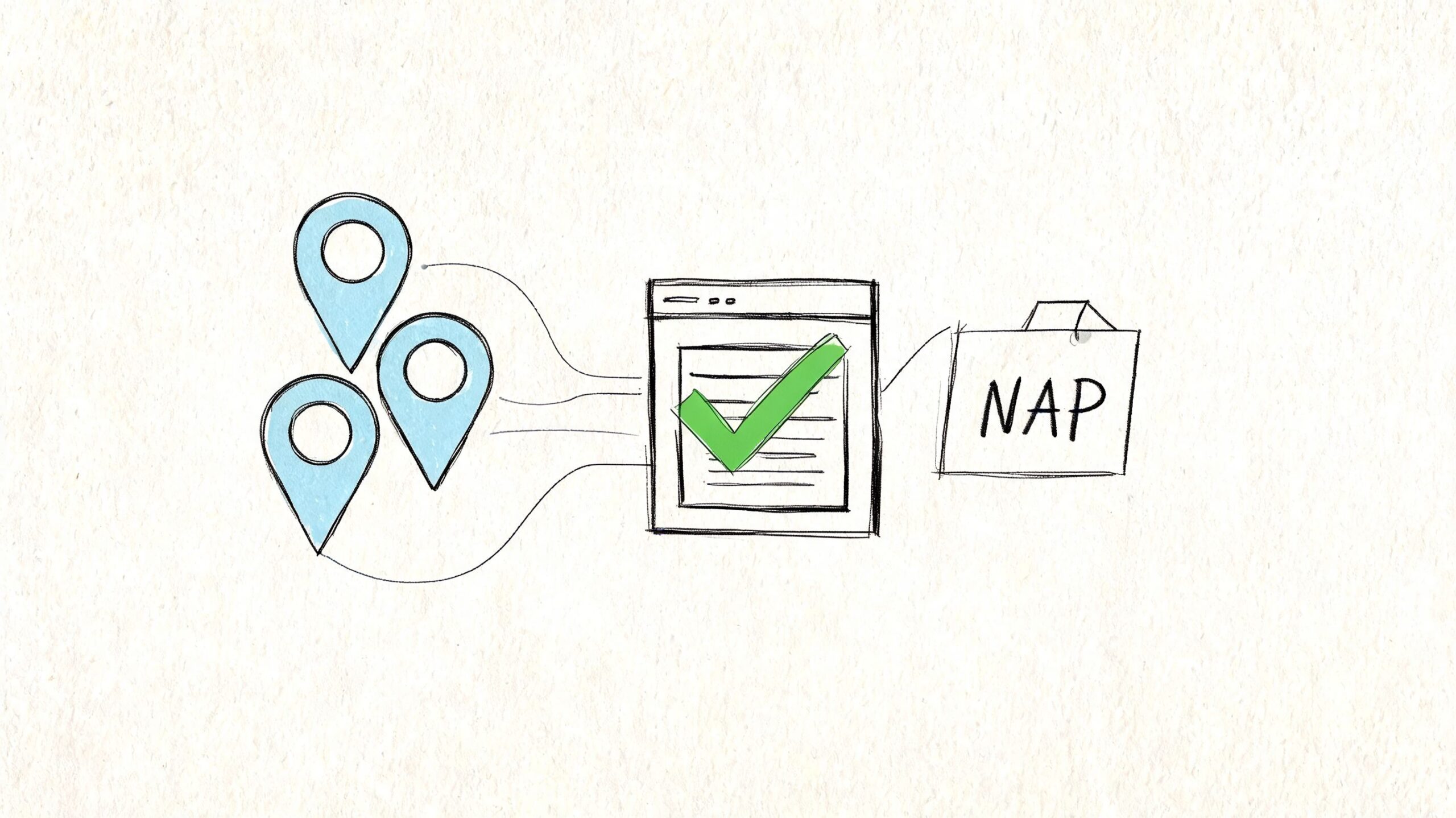 A hand-drawn illustration showing location pins connecting to a webpage with a checkmark and the acronym NAP.