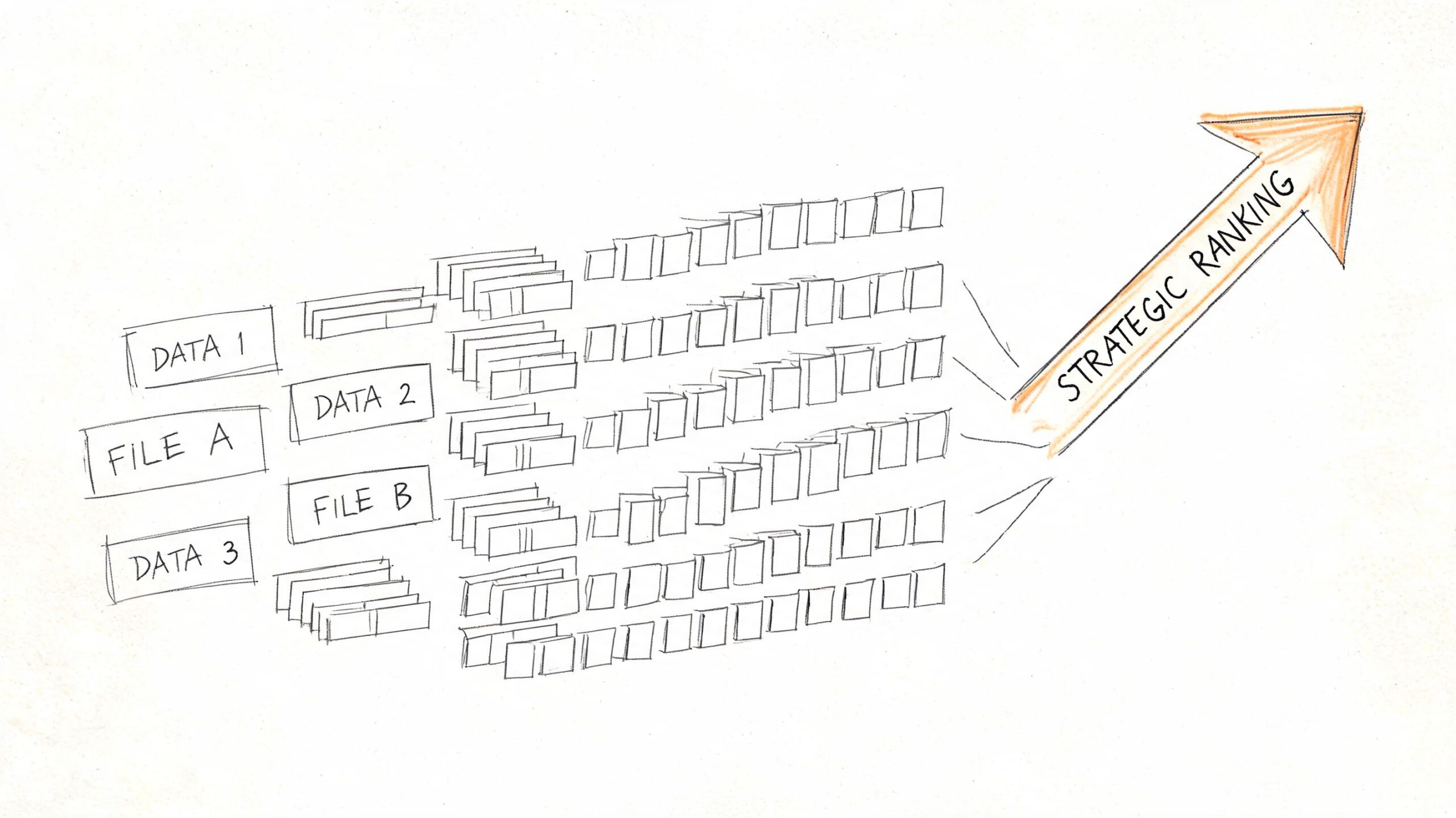 A hand-drawn illustration showing multiple data files organized into rows leading to a strategic ranking arrow.
