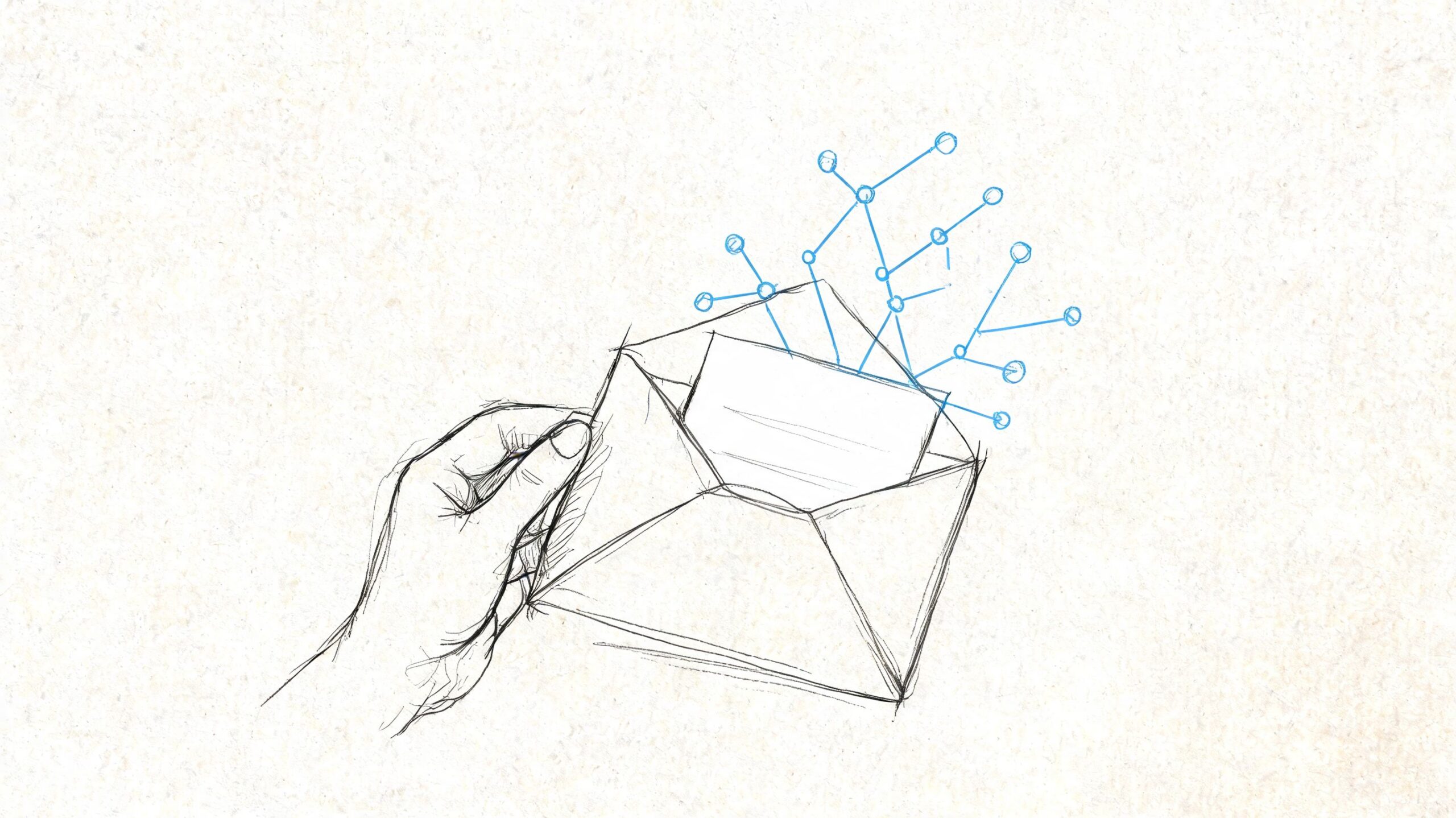 A hand holding an envelope with a network node diagram rising from it, symbolizing digital communication and connectivity.