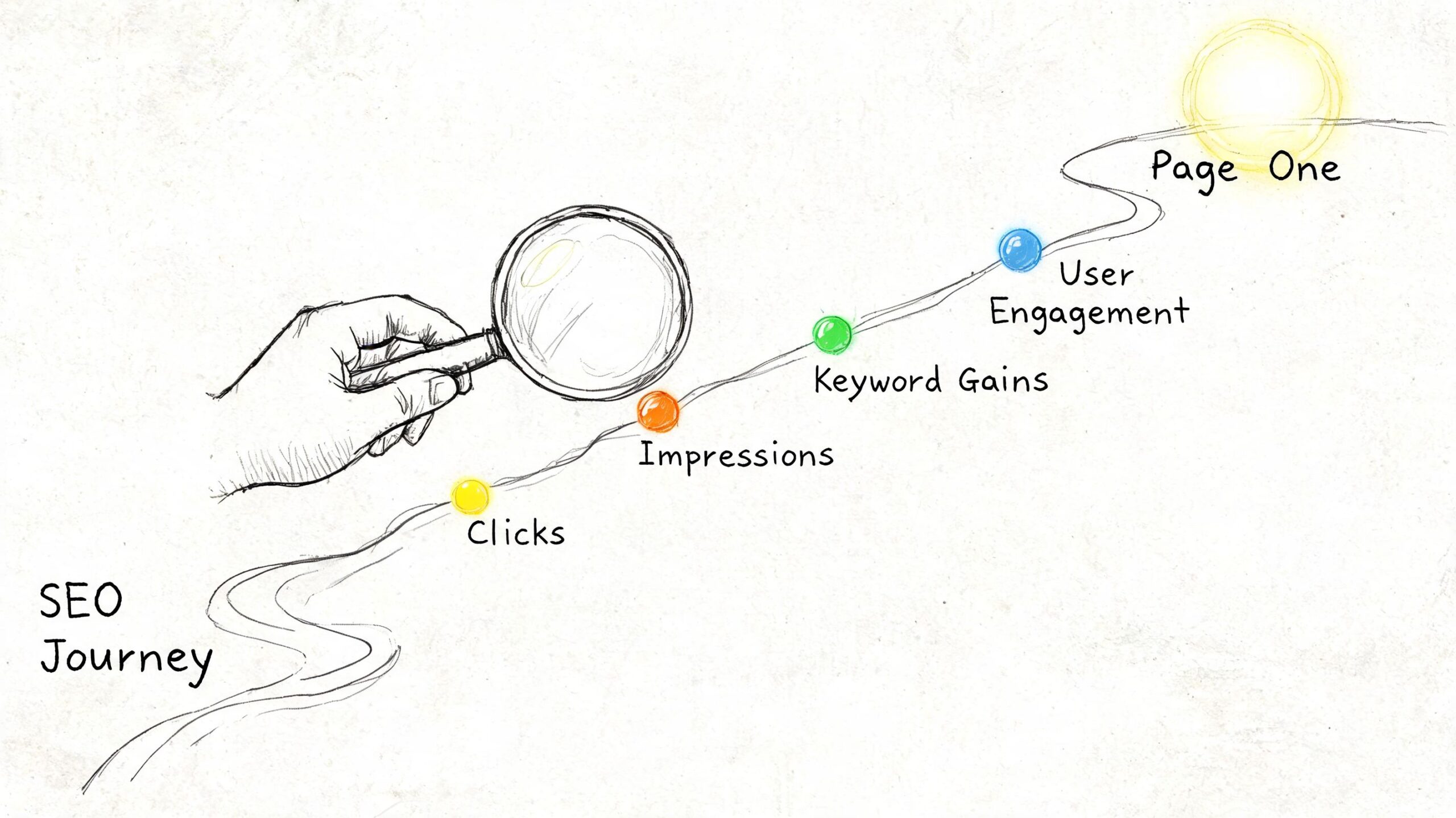 A hand holding a magnifying glass following a path representing the SEO journey to page one.