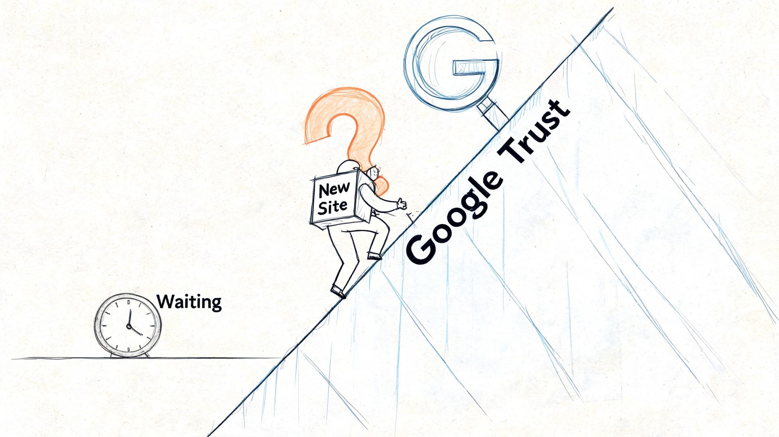A line drawing illustration showing a person climbing a slope labeled Google Trust, representing new site ranking.