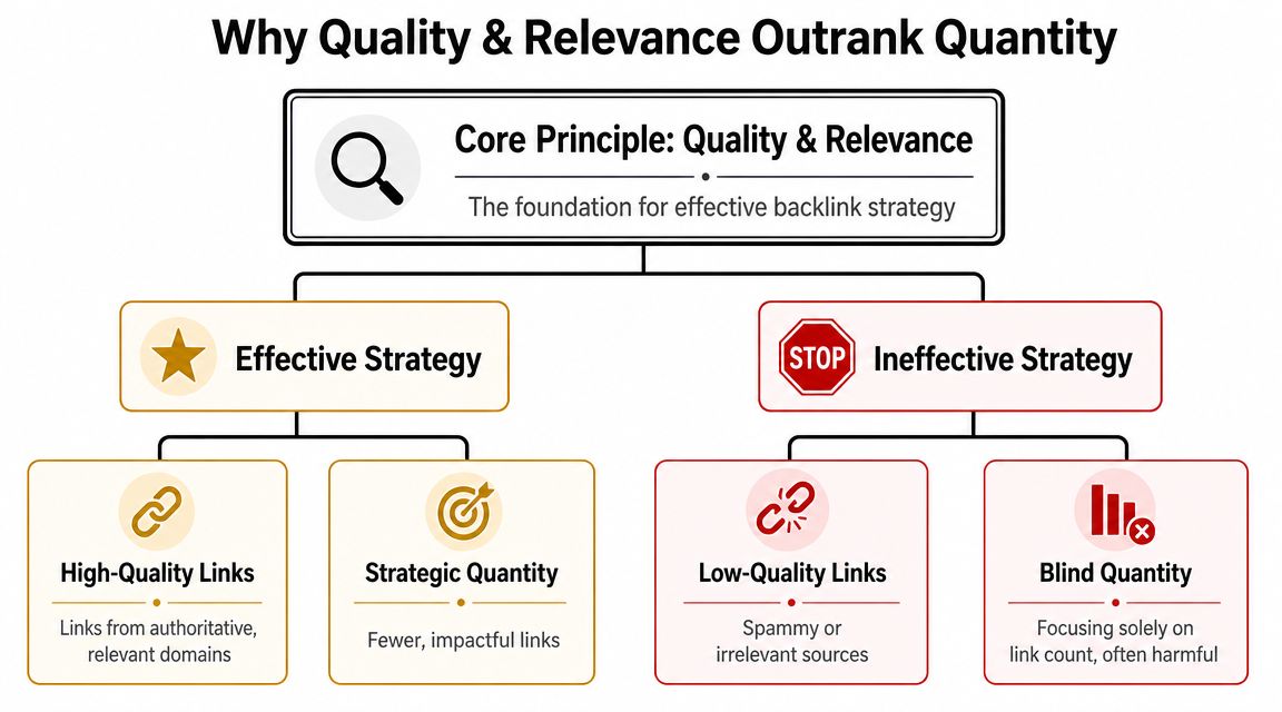 An infographic illustrating why backlink quality and relevance are more important than quantity for SEO success.