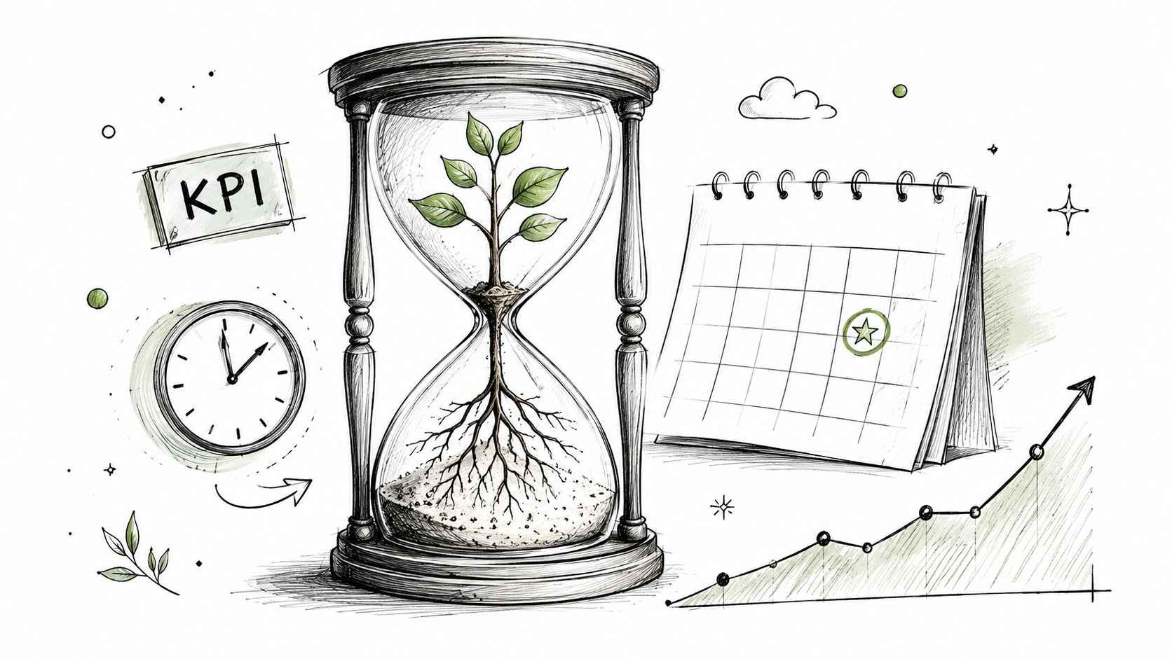 A pencil sketch illustration featuring an hourglass with a growing plant, calendar, clock, and growth trend chart.