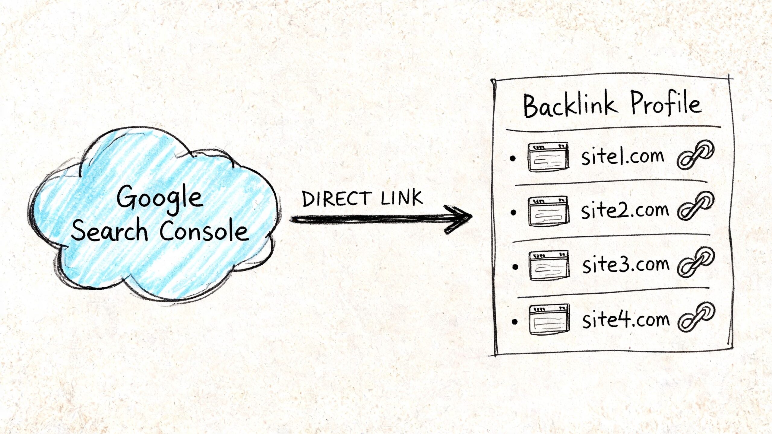 A hand-drawn illustration showing a link from Google Search Console to a list of backlink profiles.