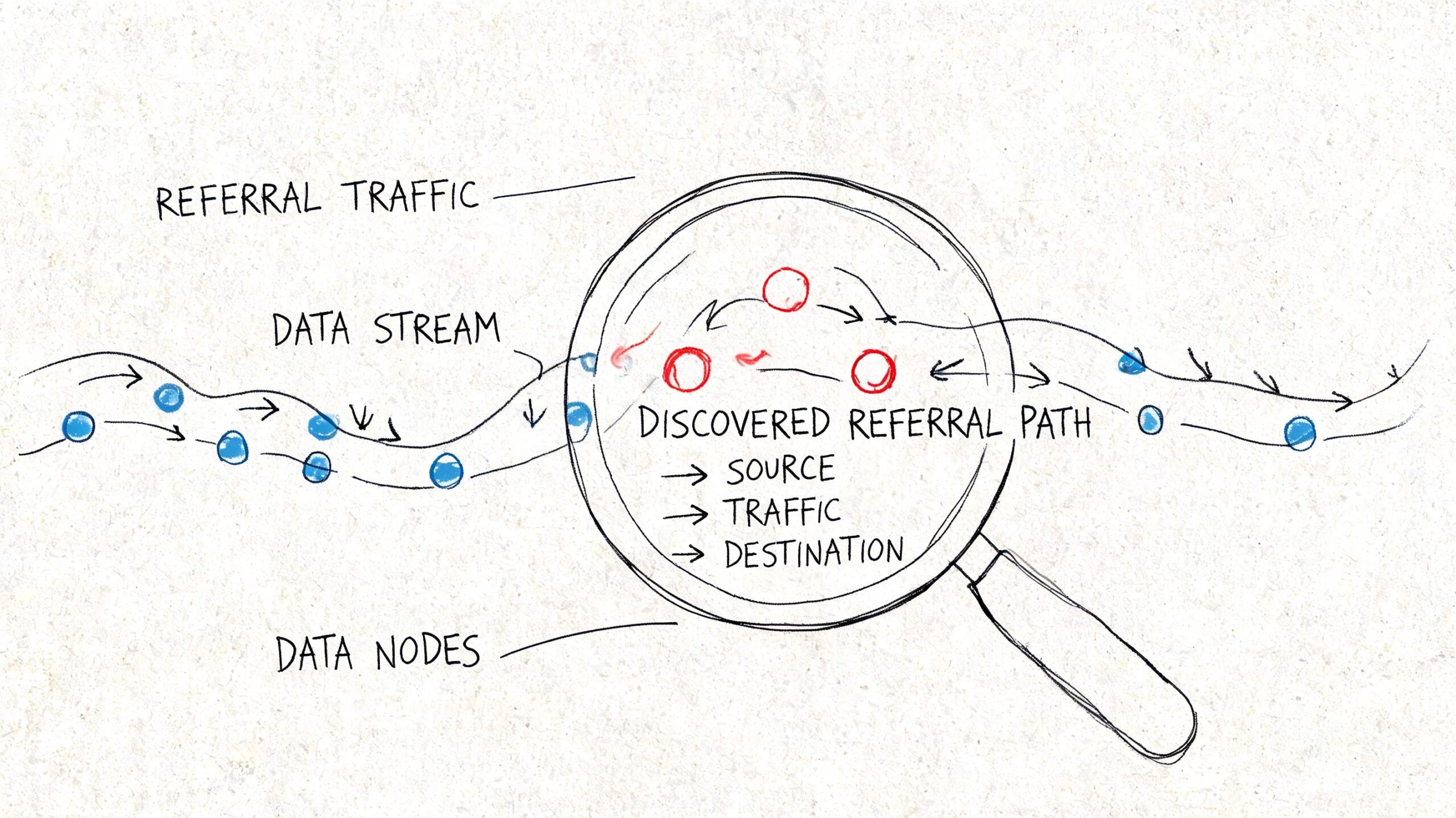 A hand-drawn illustration showing a data stream with referral paths being analyzed through a magnifying glass.