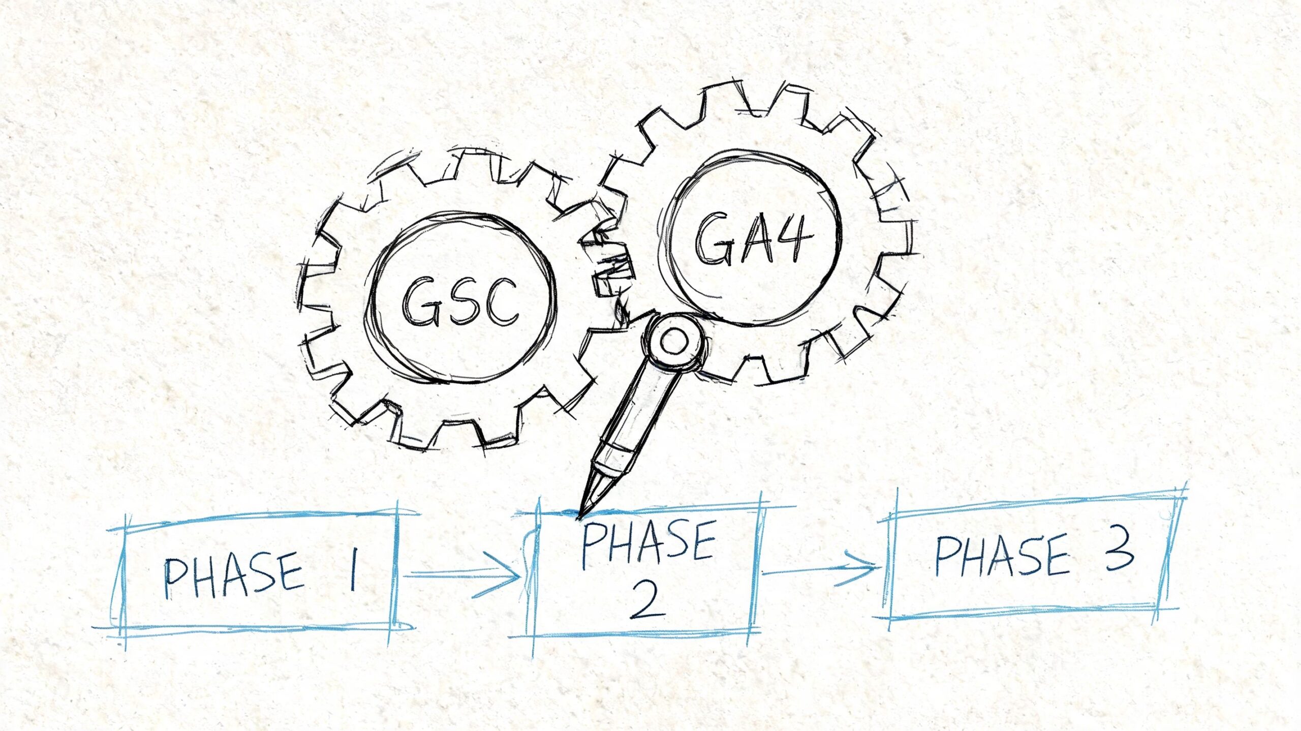 A hand-drawn sketch illustrating the integration process of Google Search Console and GA4 across three project phases.