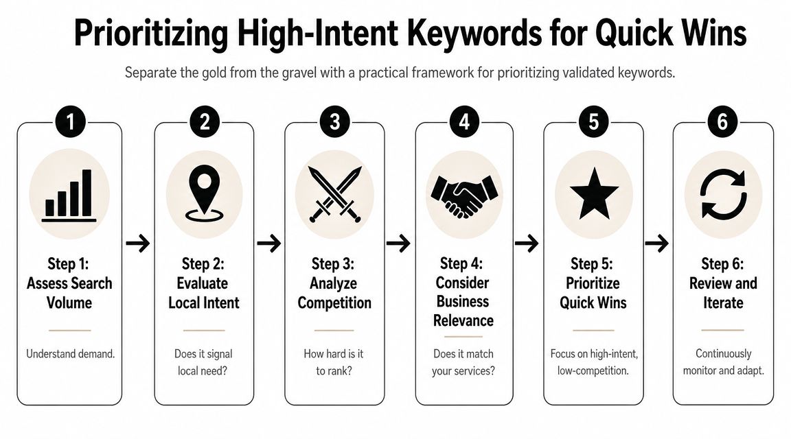 A six-step infographic illustrating a practical framework for prioritizing high-intent keywords to achieve quick SEO wins.
