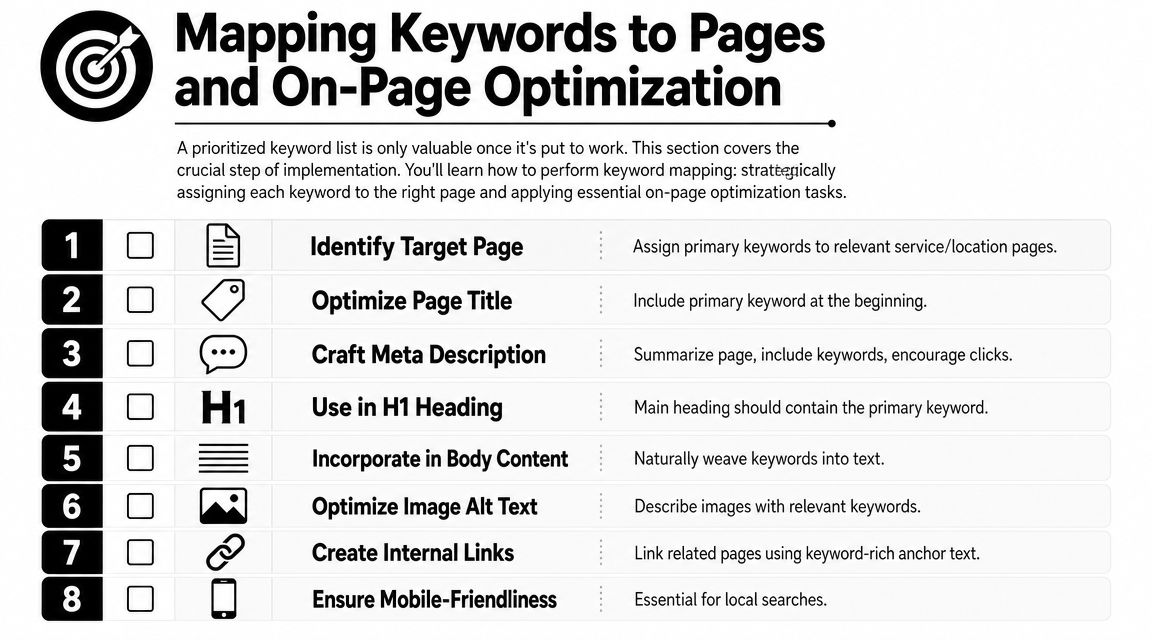 A numbered checklist showing eight essential steps for mapping keywords to pages and performing on-page SEO optimization.
