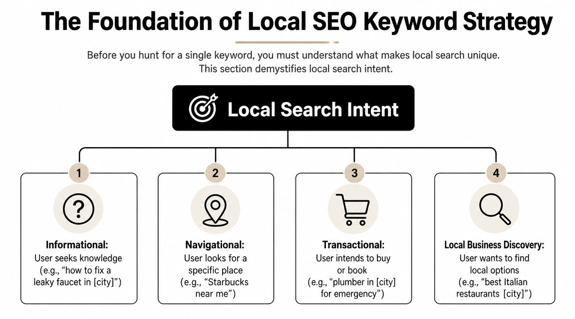 A diagram illustrating the four types of local search intent for local SEO keyword strategy planning.