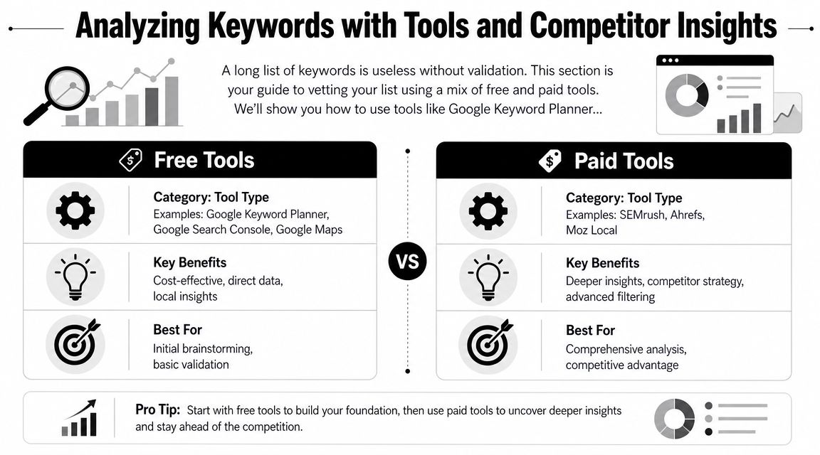 A comparison chart highlighting the differences between free and paid SEO keyword research and analysis tools.