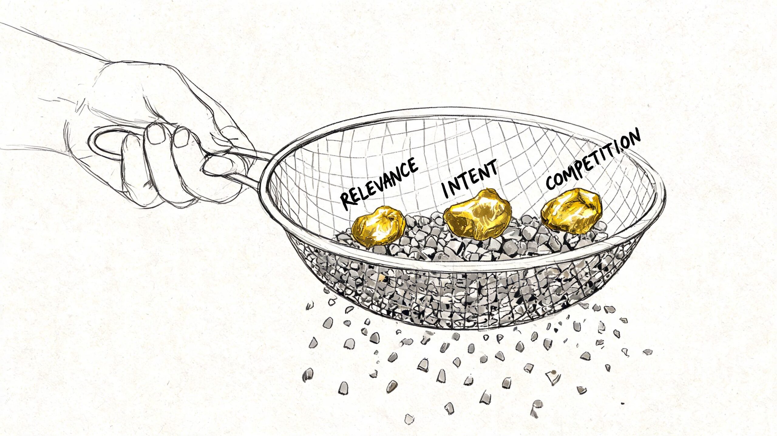 A hand holds a sieve filtering gold nuggets labeled relevance, intent, and competition from small stones.