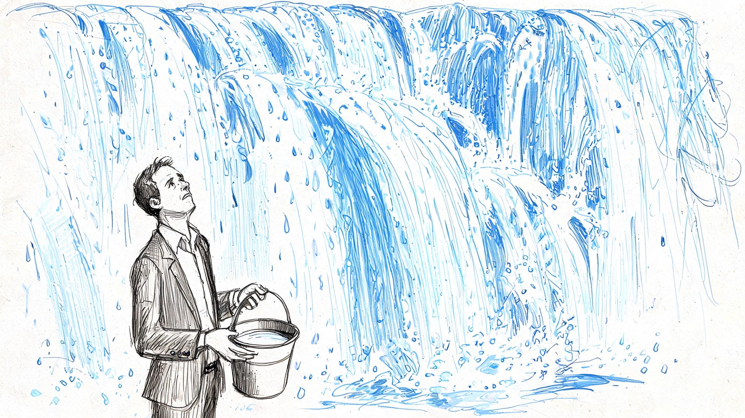 A man in a suit holding a small bucket while standing before a large, cascading waterfall.