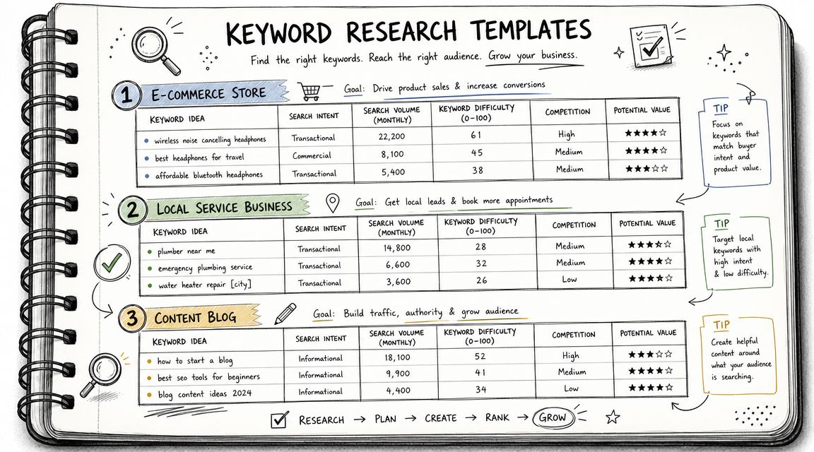 A hand-drawn notebook page displaying three keyword research templates for e-commerce, local businesses, and content blogs.