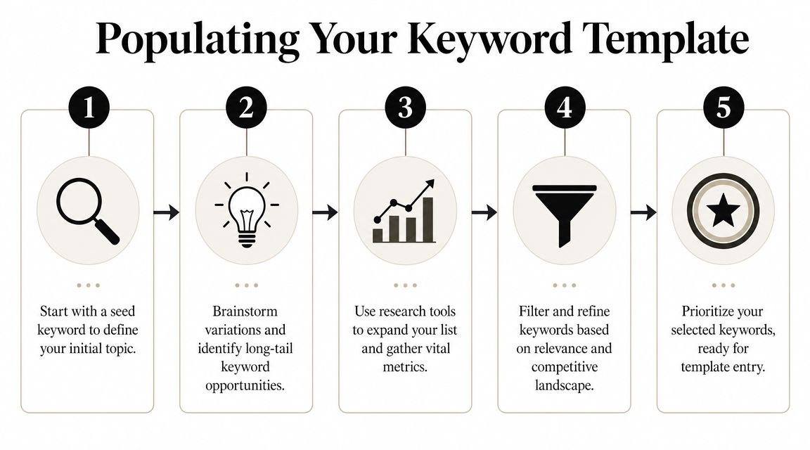 A five-step infographic showing the process of populating a keyword research template for search engine optimization.