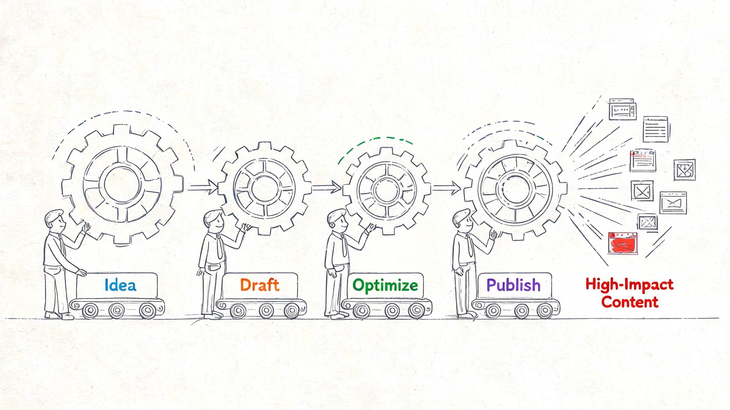 An illustration showing a four-step content production process from idea generation to publishing high-impact content.