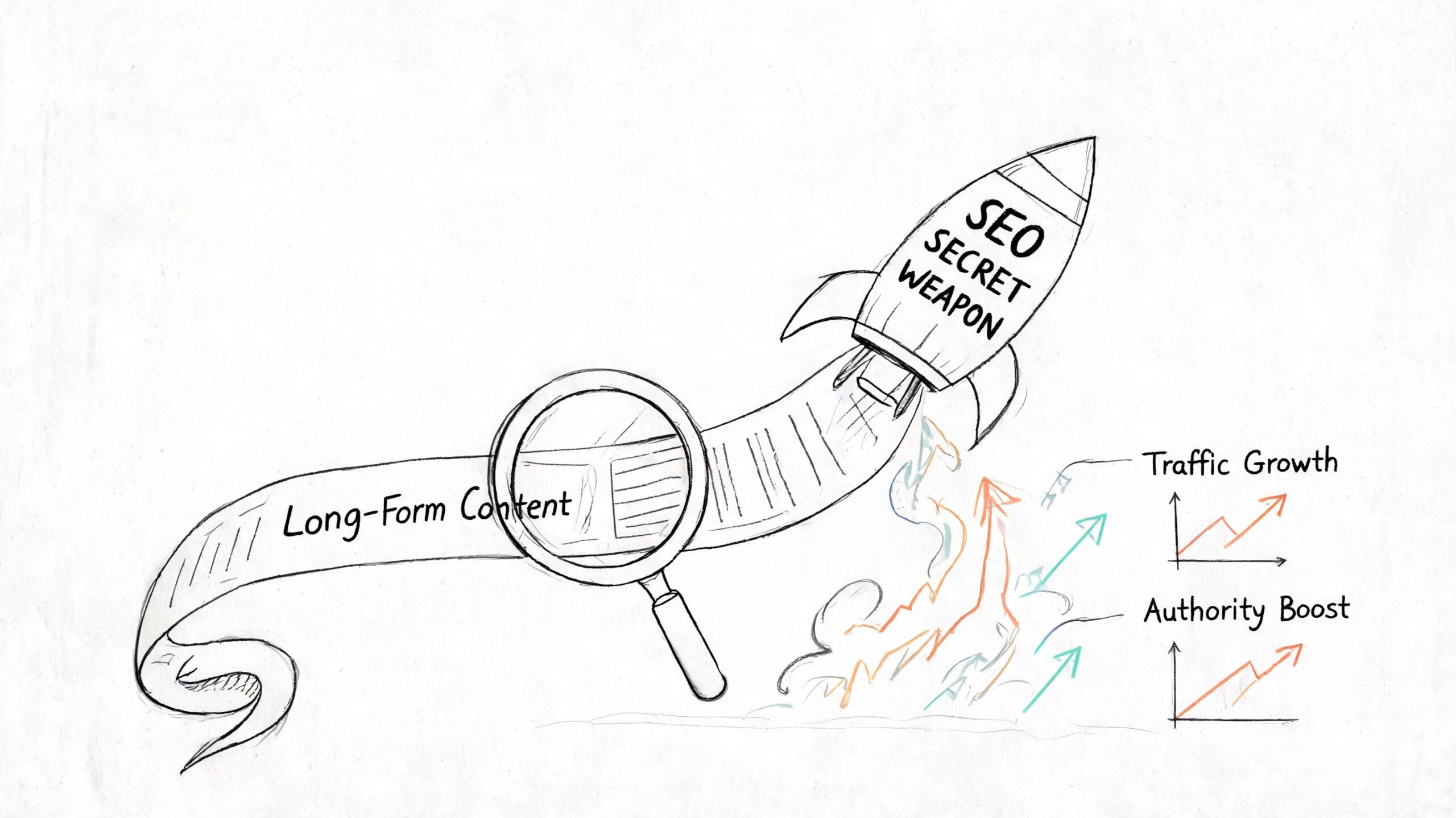 A hand-drawn illustration showing a rocket labeled SEO Secret Weapon launching from long-form content.
