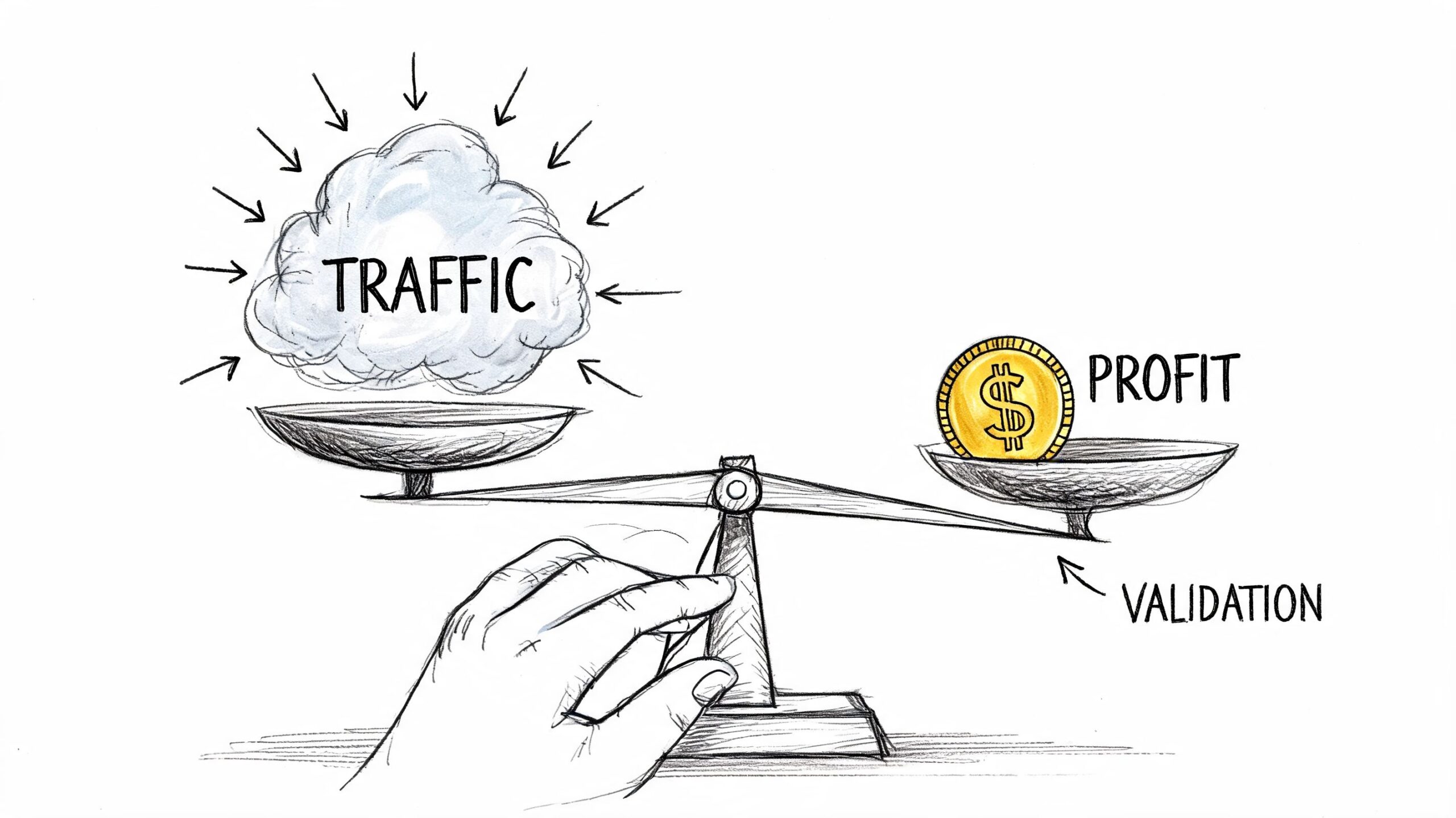 A hand balancing a scale with traffic represented by a cloud and profit represented by a gold coin.