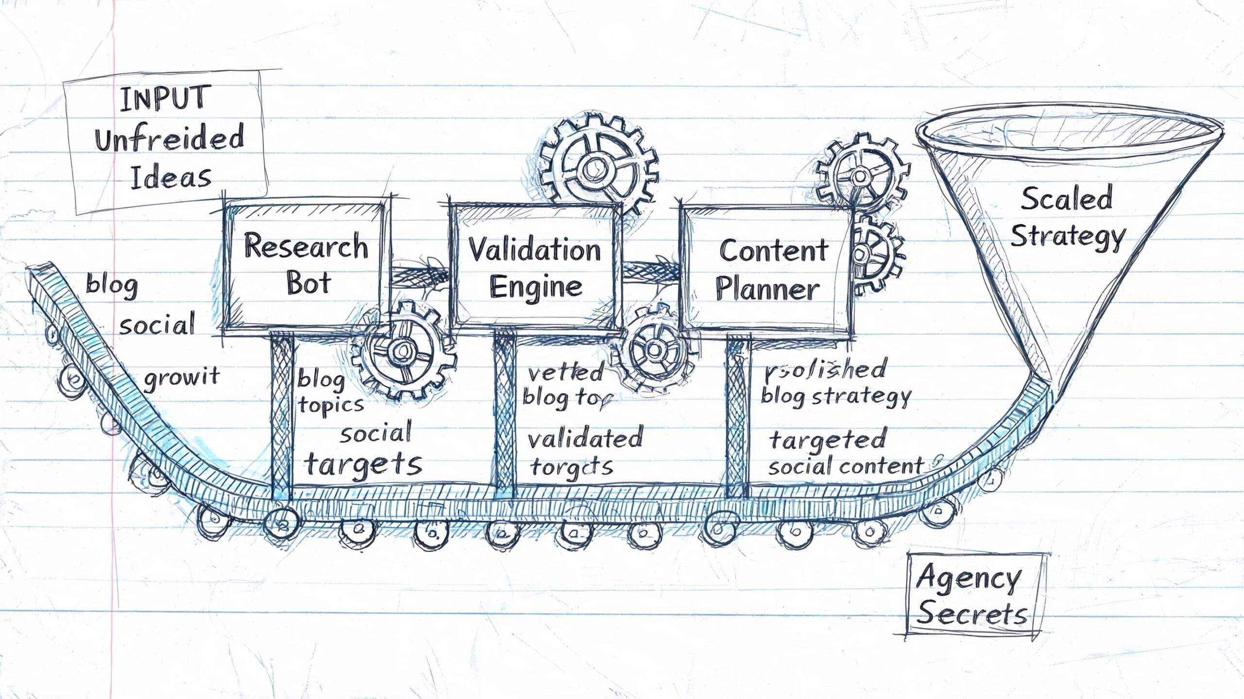 A hand-drawn sketch of a business process automation workflow labeled as Agency Secrets on notebook paper.