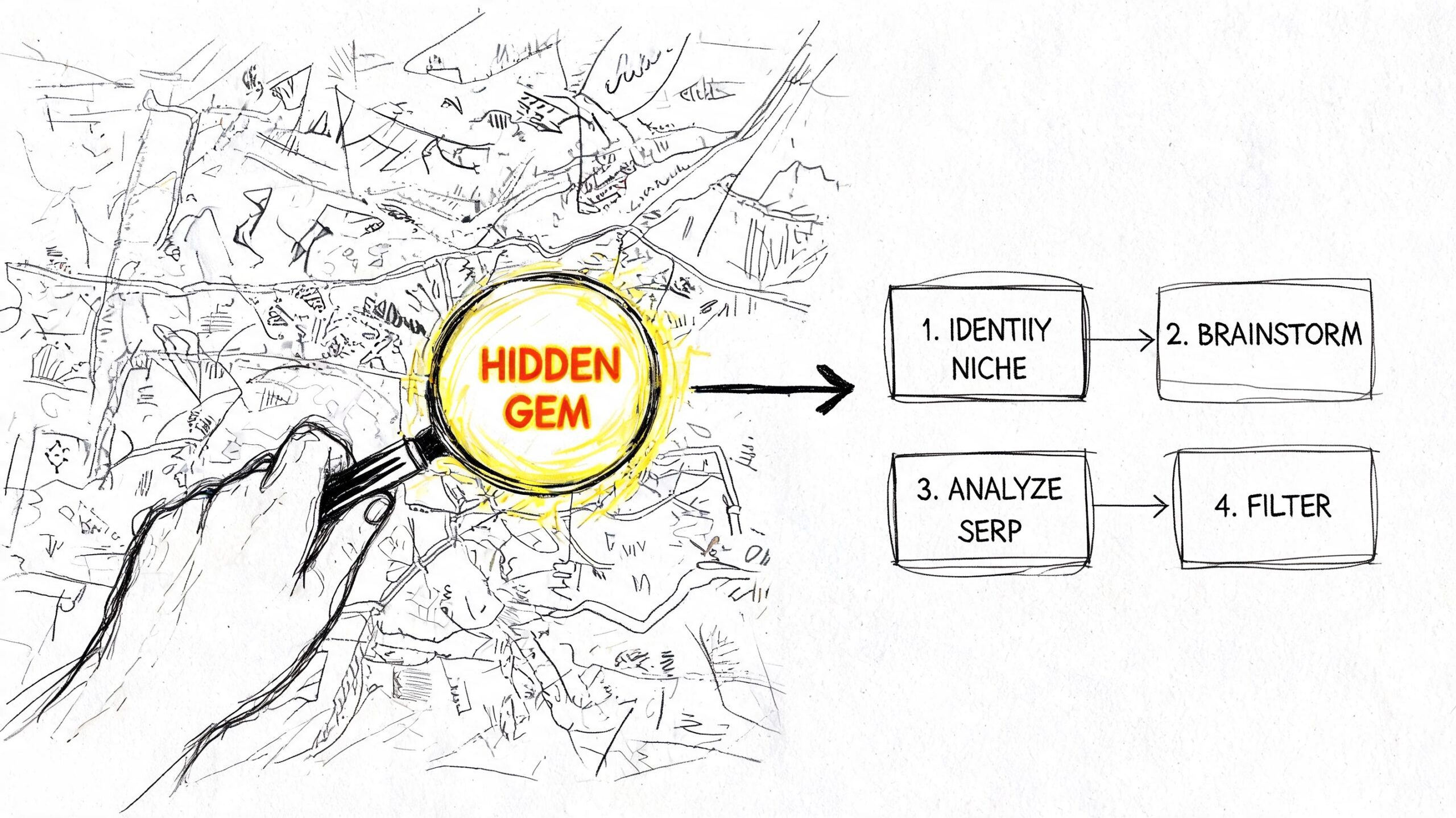 A hand holding a magnifying glass over a hand-drawn map to identify a hidden gem niche concept.