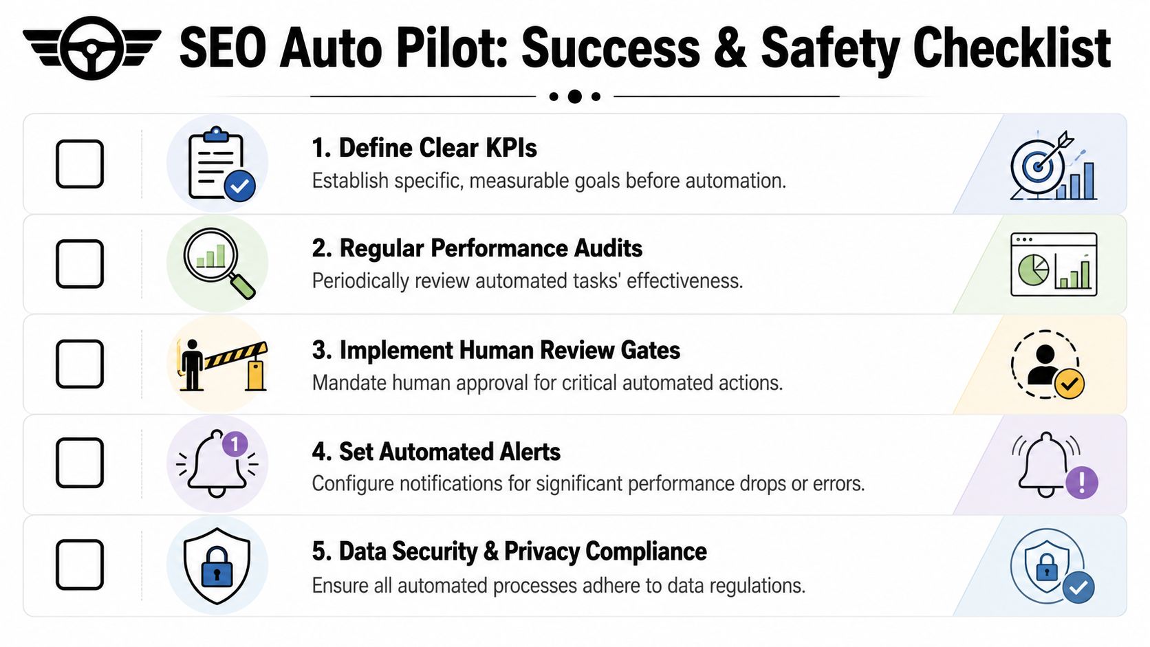 A checklist infographic titled SEO Auto Pilot outlining five essential steps for successful automated search engine optimization.