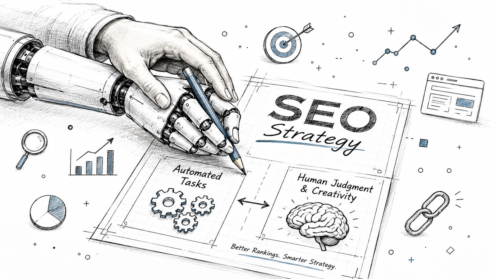 A robotic hand sketching a conceptual SEO strategy diagram combining automated tasks with human creativity and intelligence.