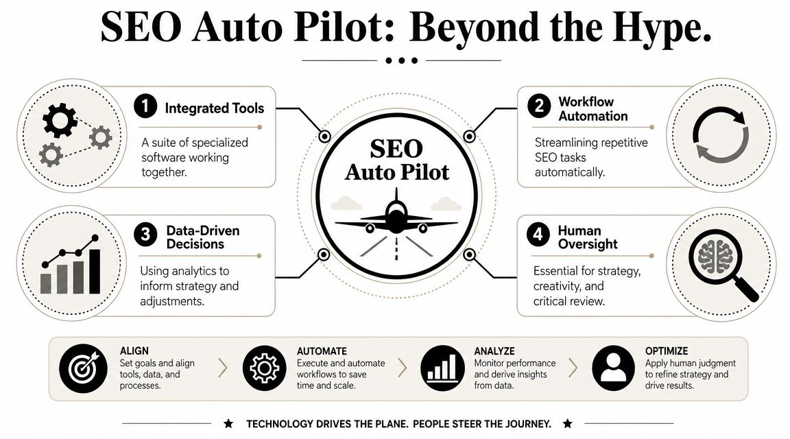 A diagram illustrating SEO auto pilot strategies including integrated tools, workflow automation, data-driven decisions, and human oversight.