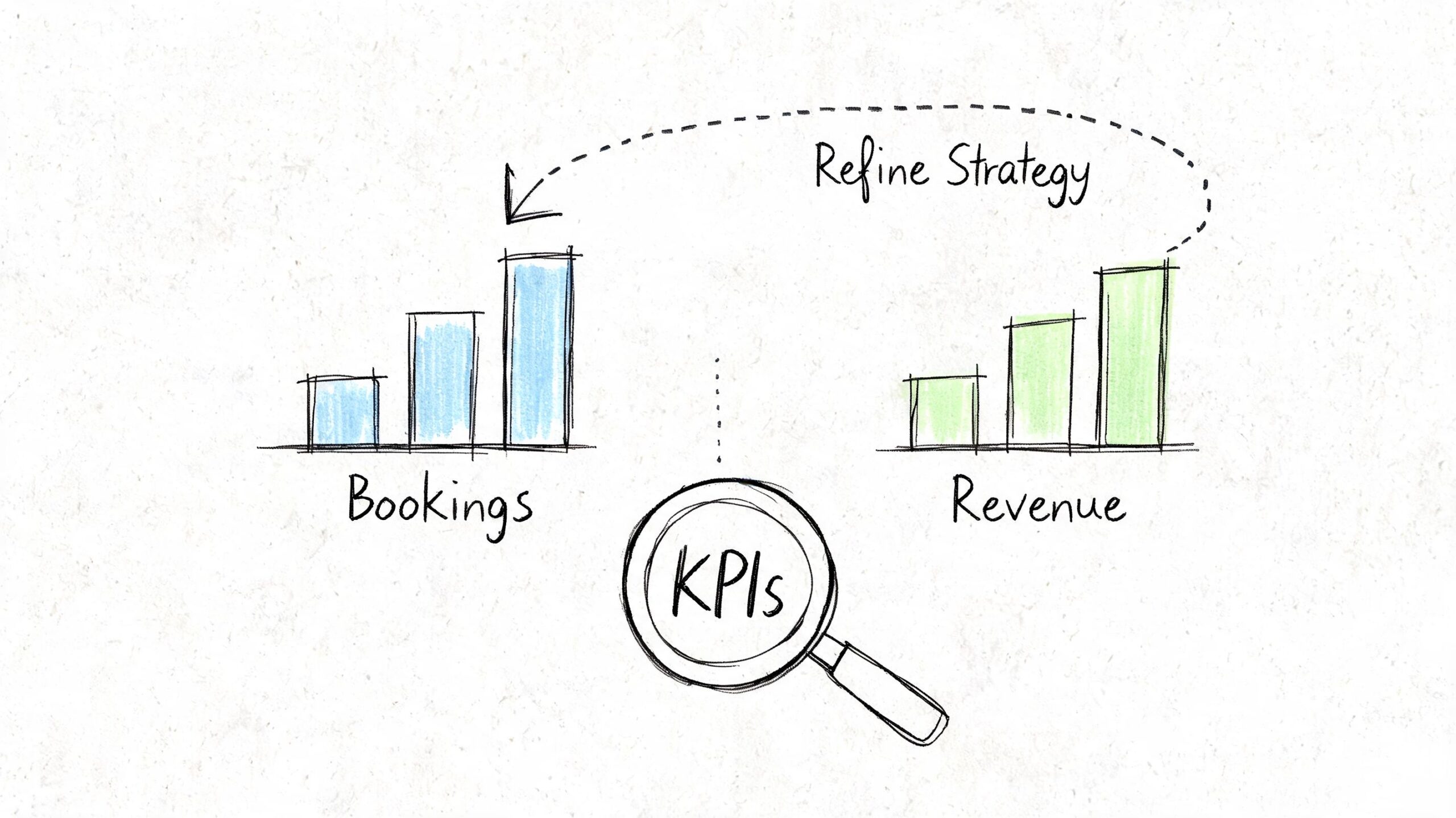 A hand-drawn illustration showing bar charts for bookings and revenue being analyzed under a KPI magnifying glass.