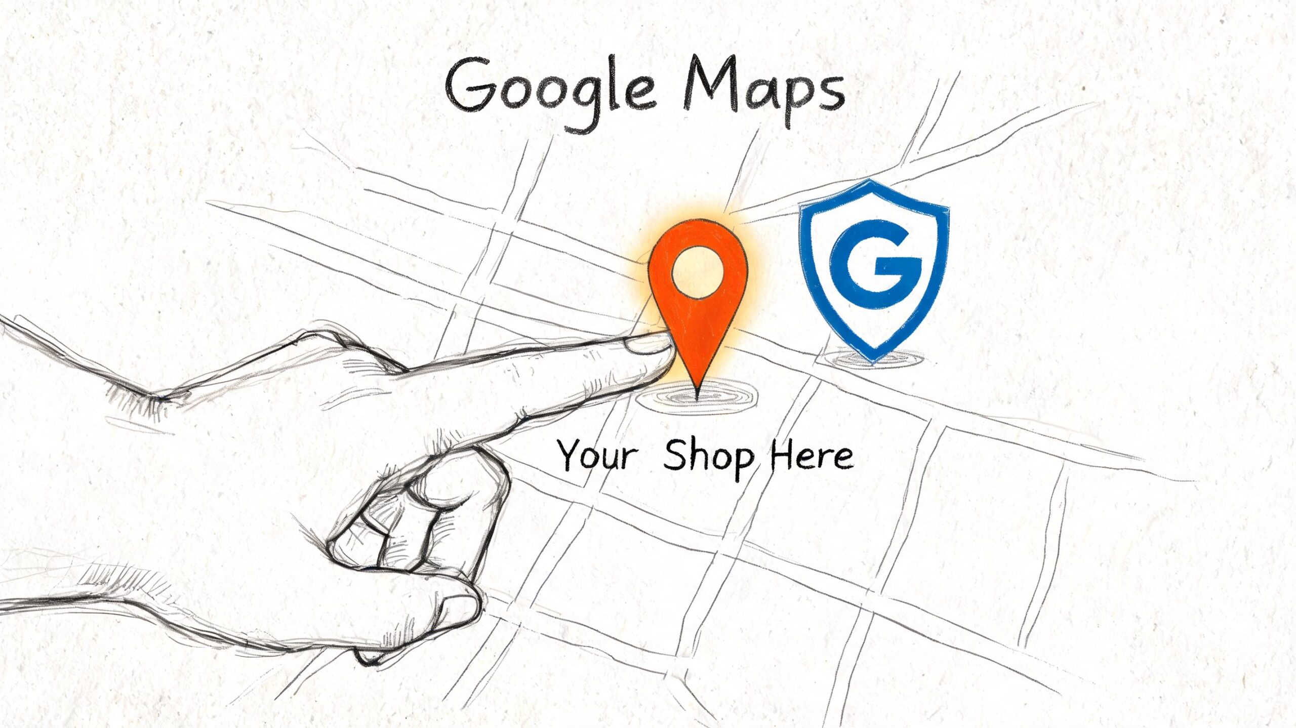 A hand pointing to a location pin on a drawn map, illustrating local SEO for shop visibility.